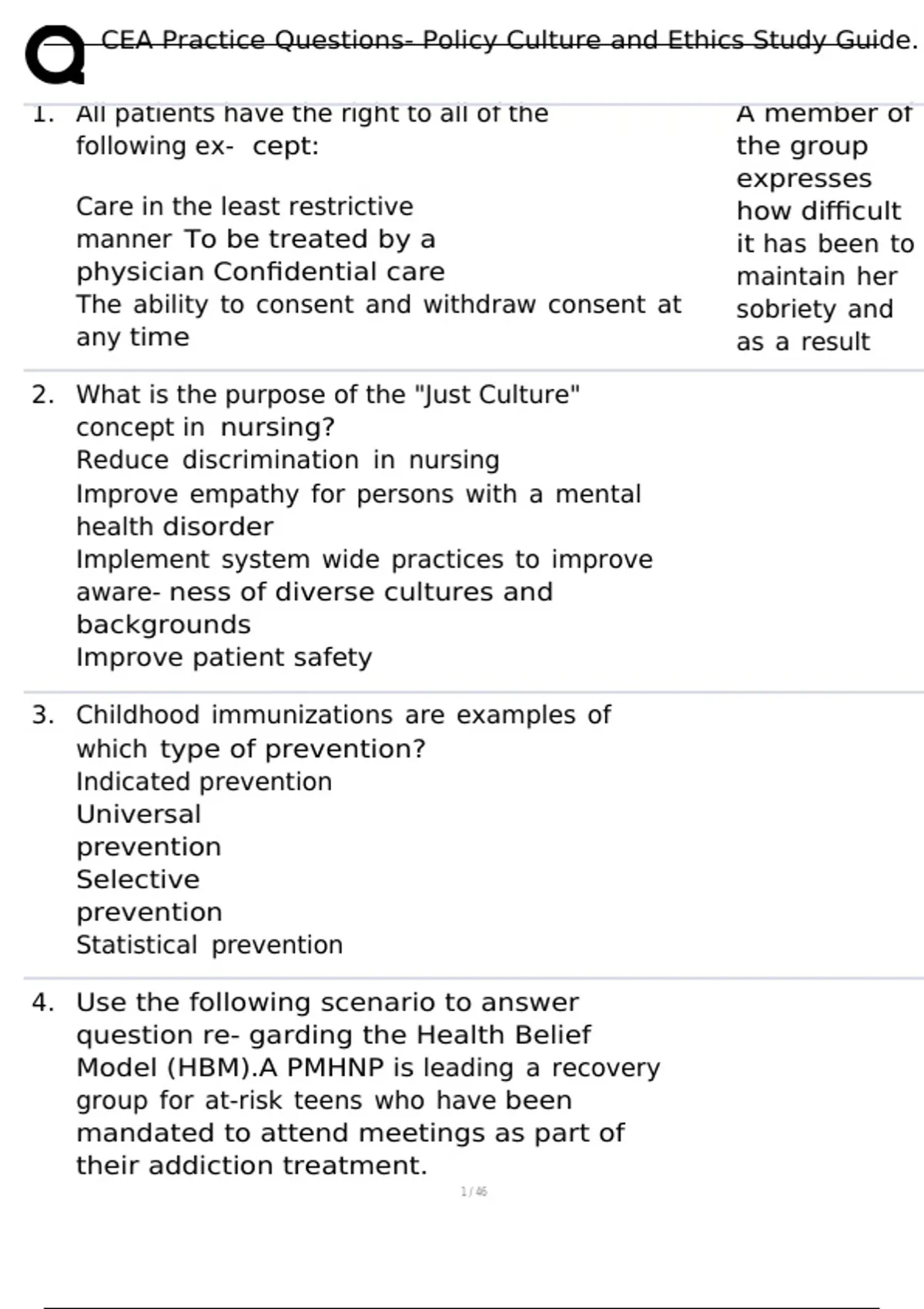CEA Practice Questions- Policy Culture and Ethics Study Guide. - CEA ...