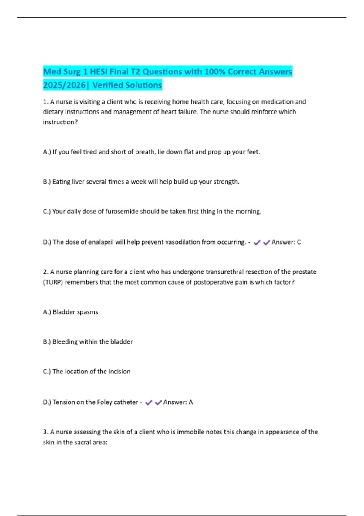 Med Surg 1 HESI Final T2 Questions with 100% Correct Answers 2025/2026 ...