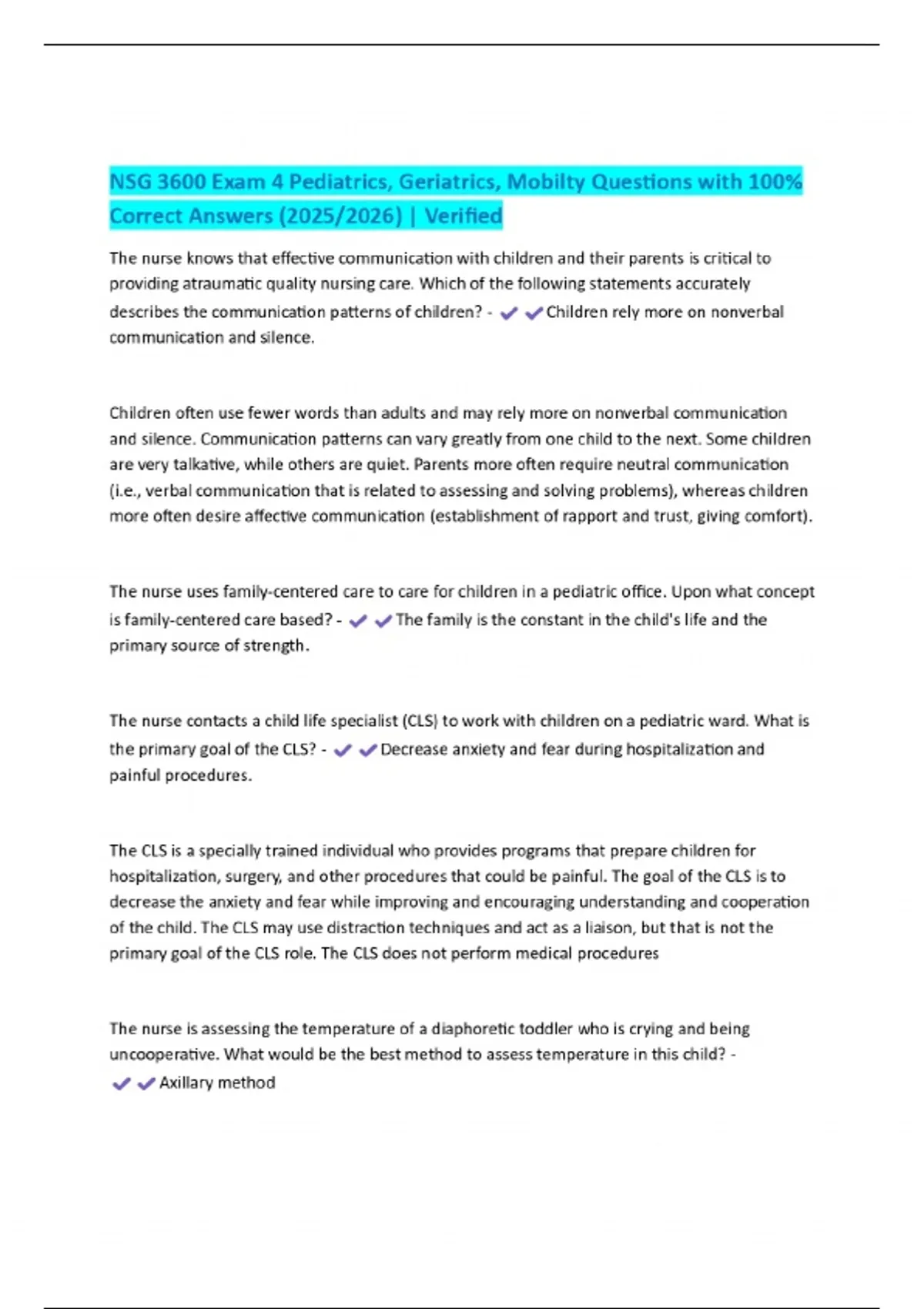 NSG 3600 Exam 4 Pediatrics, Geriatrics, Mobilty Questions with 100% ...