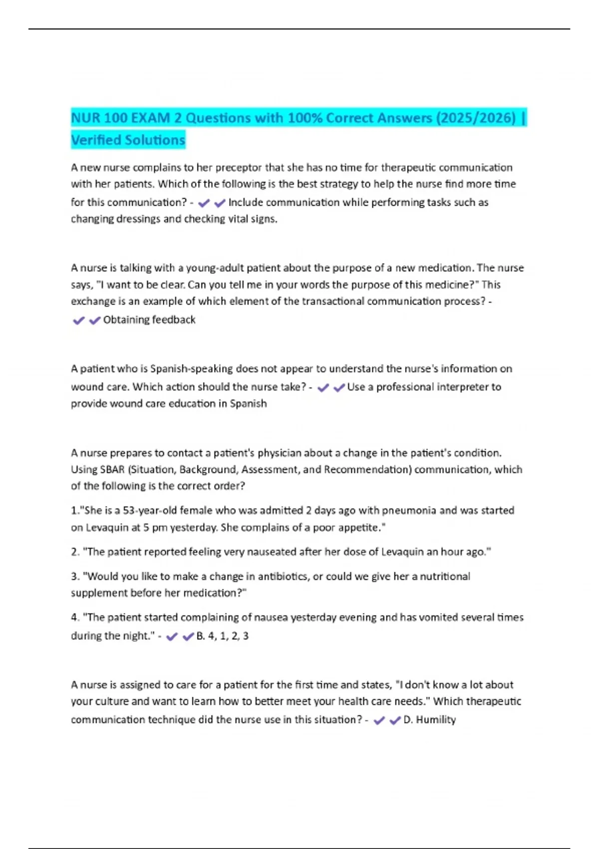 NUR 100 EXAM 2 Questions with 100% Correct Answers (2025/2026 ...