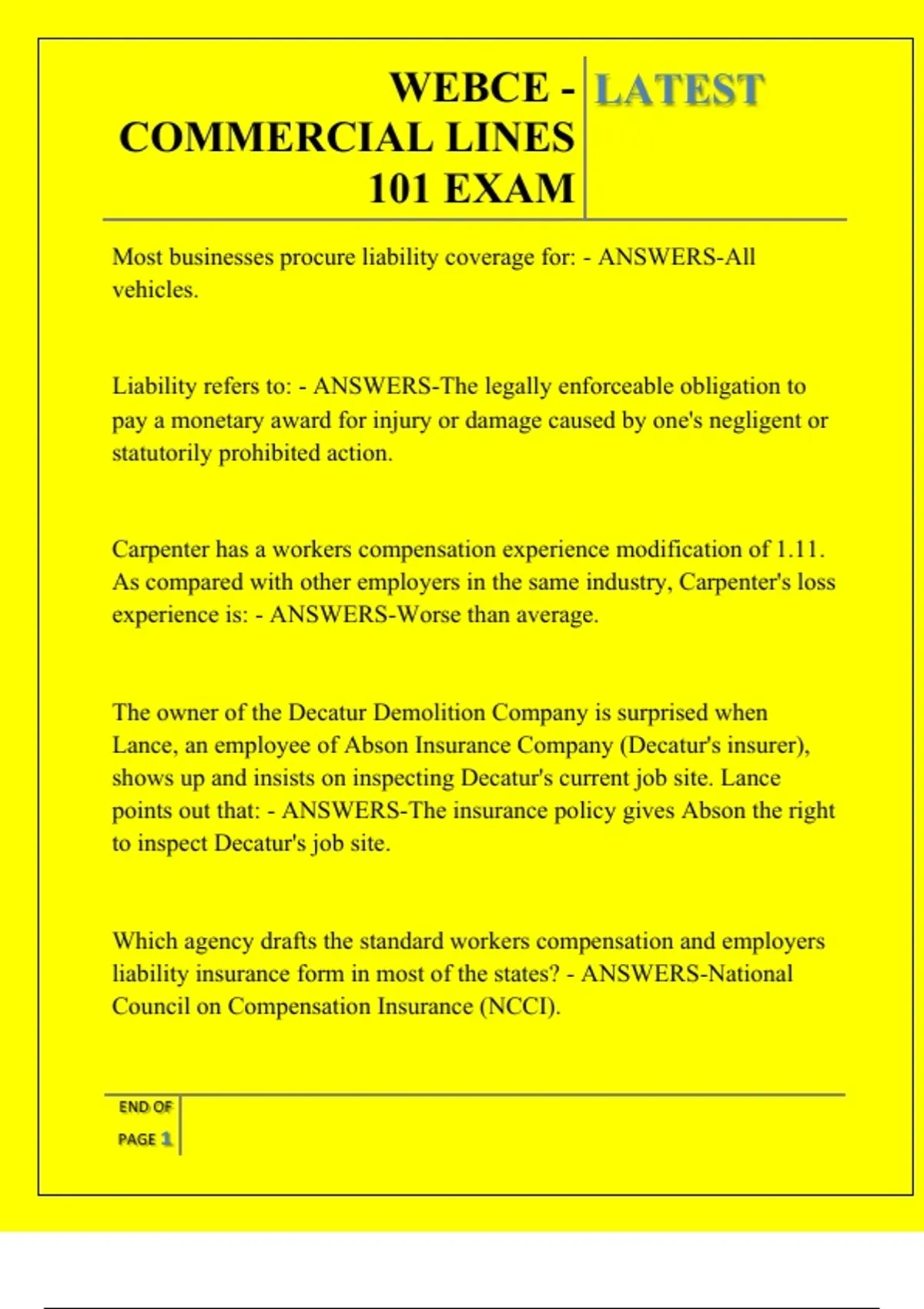 WEBCE - COMMERCIAL LINES 101 EXAM QUESTIONS AND ANSWERS 2025 - WebCE ...