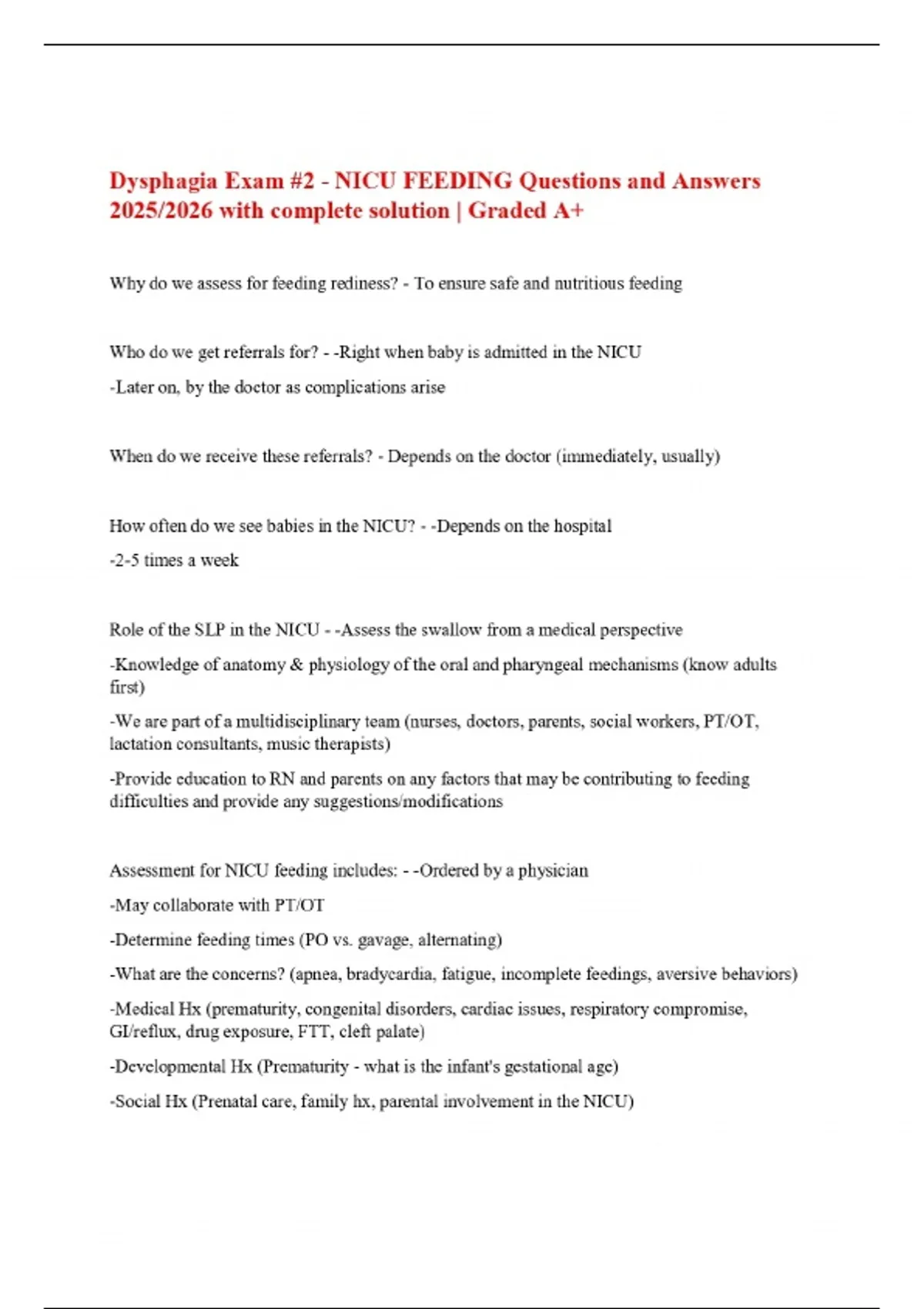 Dysphagia Exam #2 - NICU FEEDING Questions and Answers 2025/2026 with ...