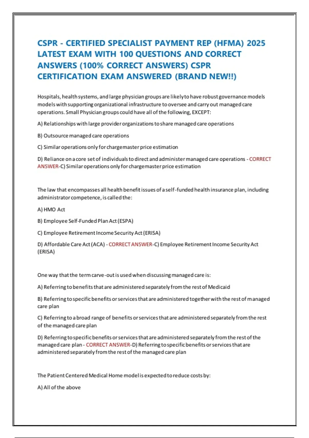 CSPR - CERTIFIED SPECIALIST PAYMENT REP (HFMA) 2025 LATEST EXAM WITH ...