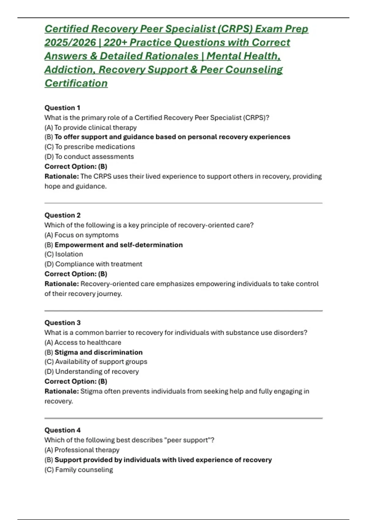 Certified Recovery Peer Specialist (CRPS) Exam Prep 2025/2026 | 220+ Practice Questions with ...