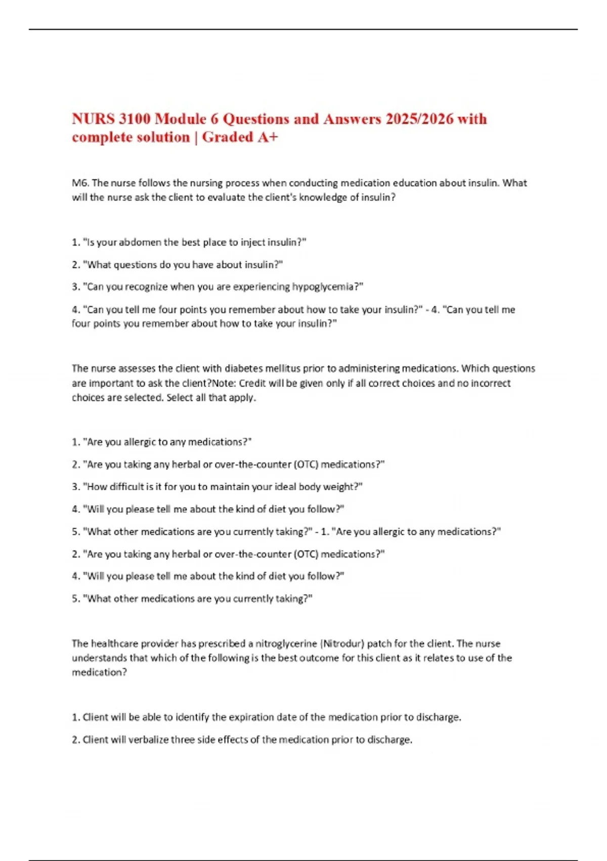 NURS 3100 Module 6 Questions and Answers 2025/2026 with complete ...