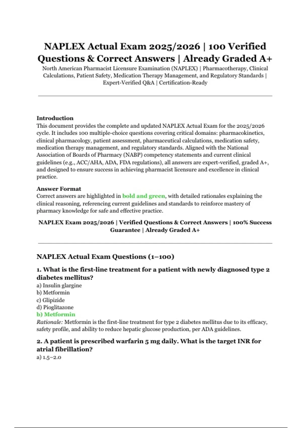 NAPLEX Actual Exam 2025/2026 | 100 Verified Questions & Correct Answers ...