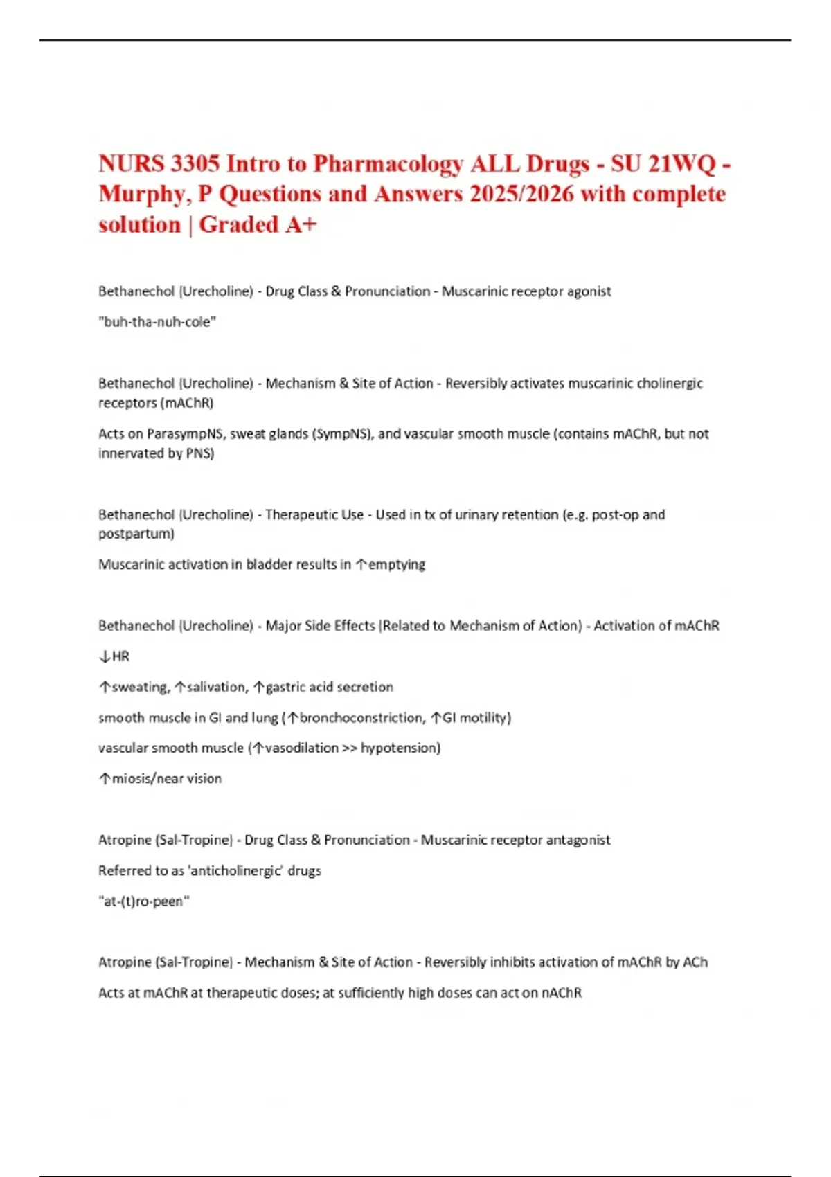 Murphy Question Tree NURS 3305 Intro to Pharmacology ALL Drugs - SU 21WQ - Murphy, P ...