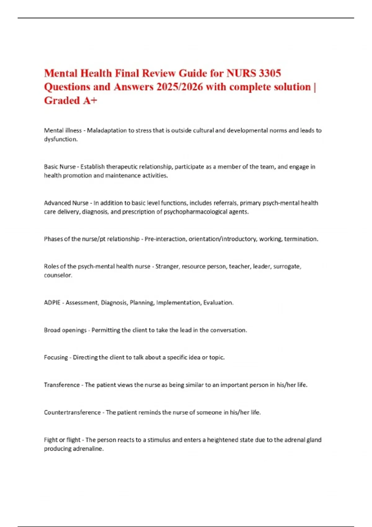 Mental Health Final Review Guide for NURS 3305 Questions and Answers ...