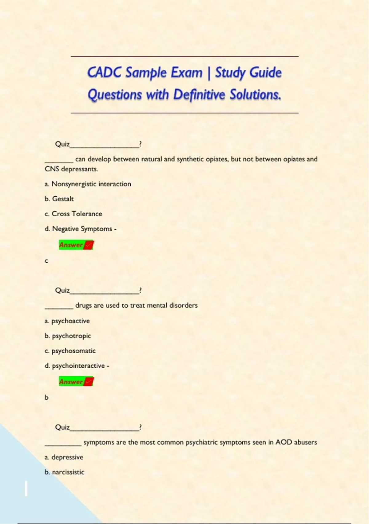 CADC Sample Exam | Study Guide Questions with Definitive Solutions ...