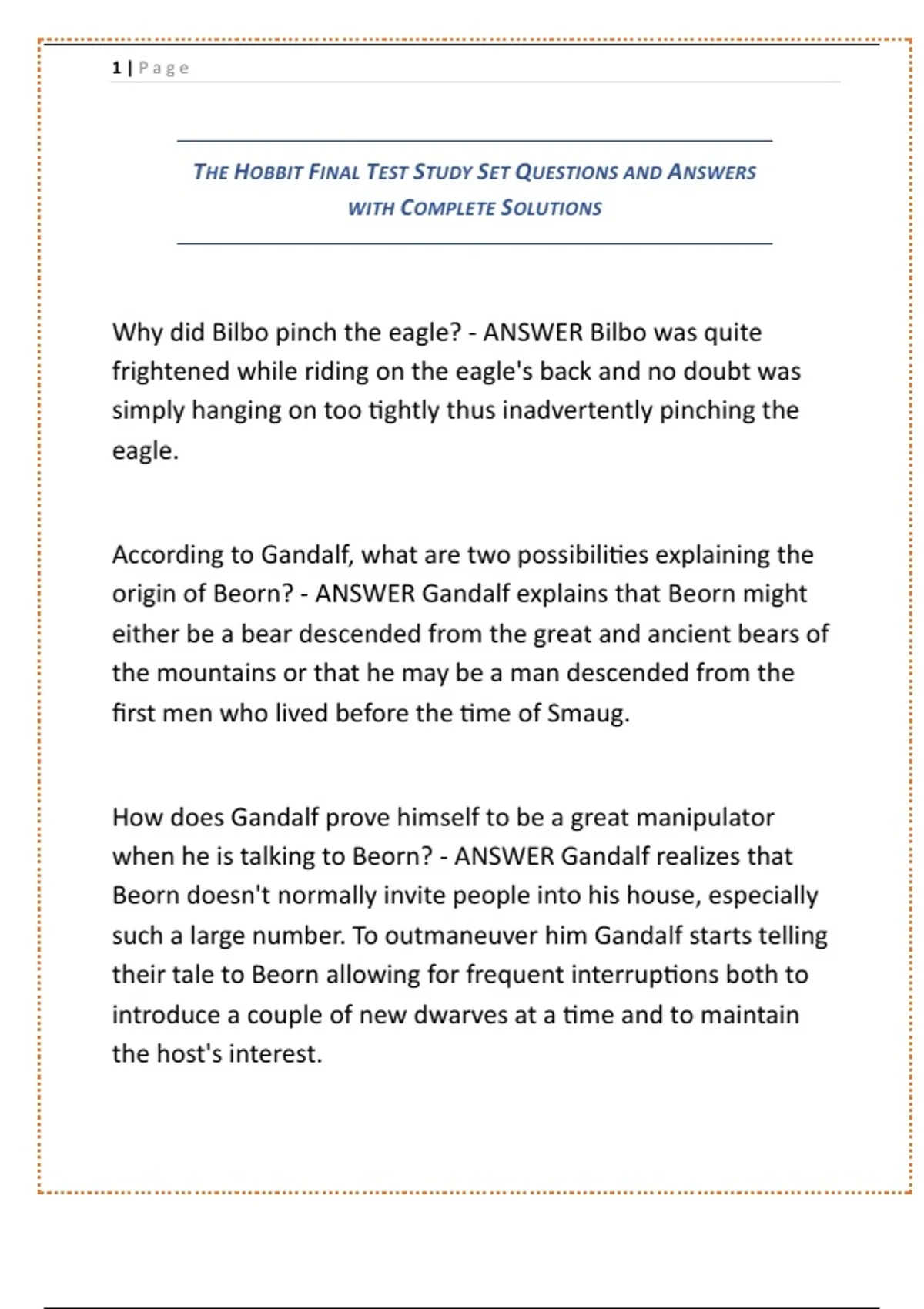 The Hobbit Final Test Study Set Questions and Answers with Complete ...