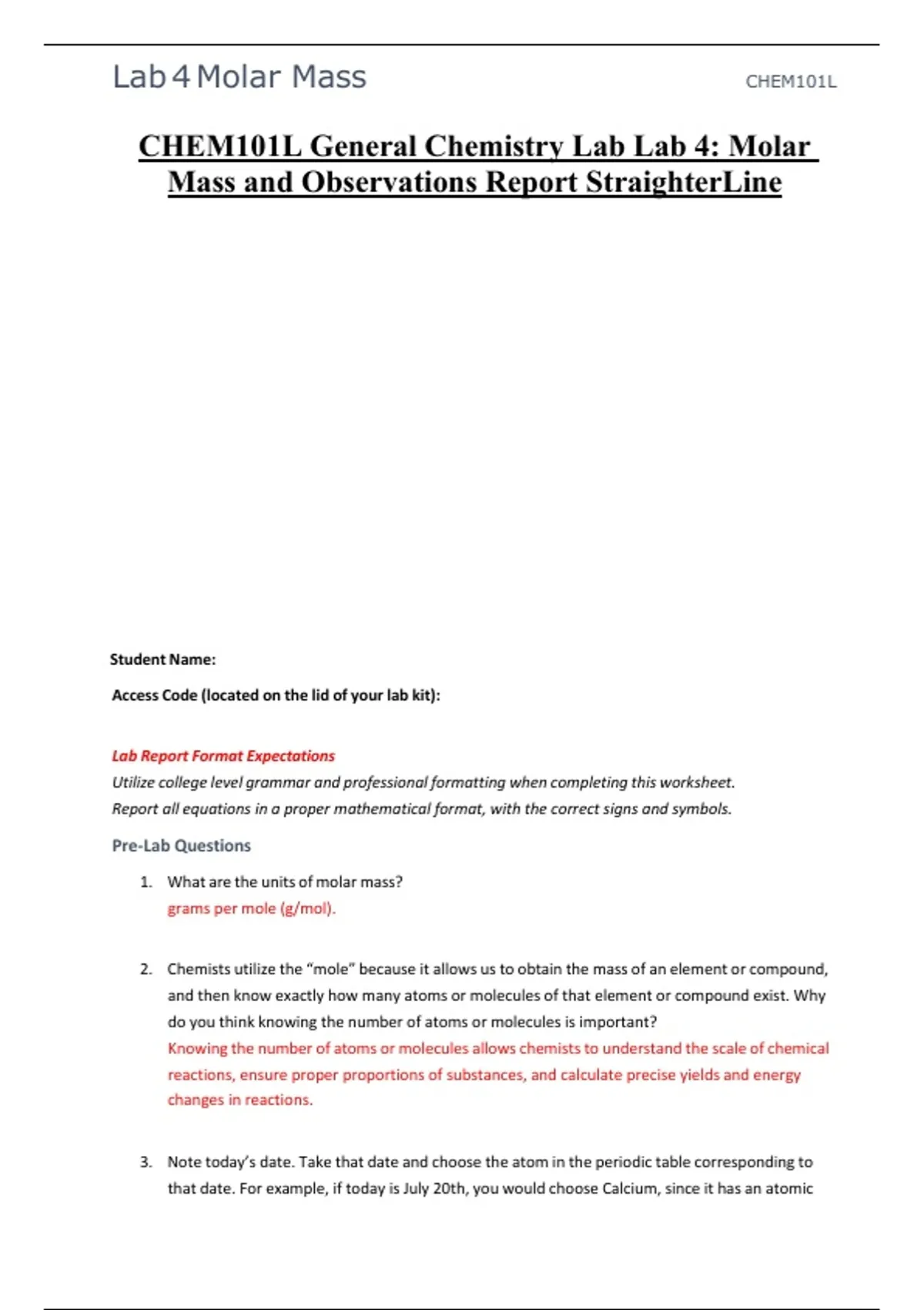 CHEM101L General Chemistry Lab Lab 4: Molar Mass and Observations ...
