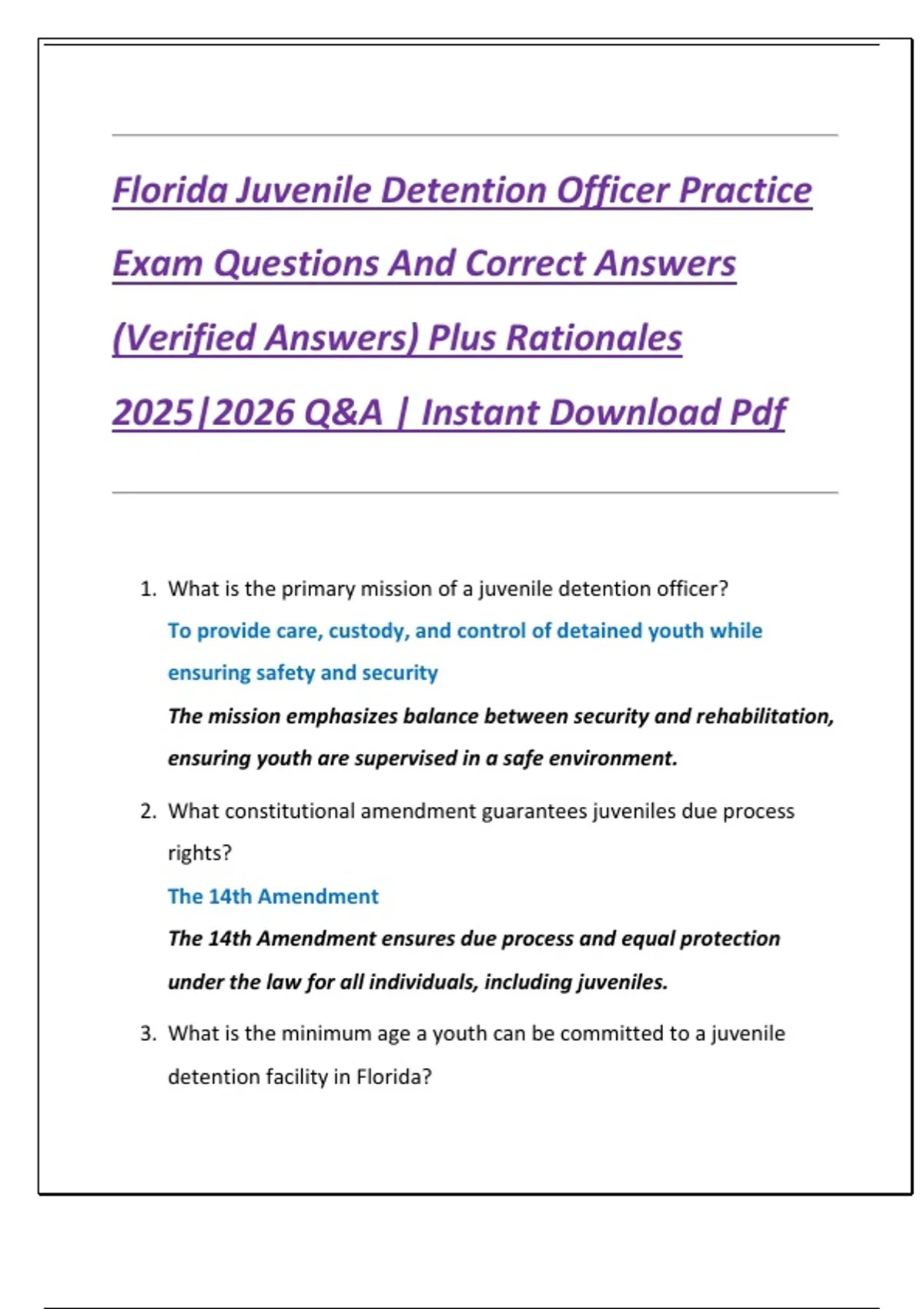 Florida Juvenile Detention Officer Practice Exam Questions And Correct Answers (Verified Answers ...