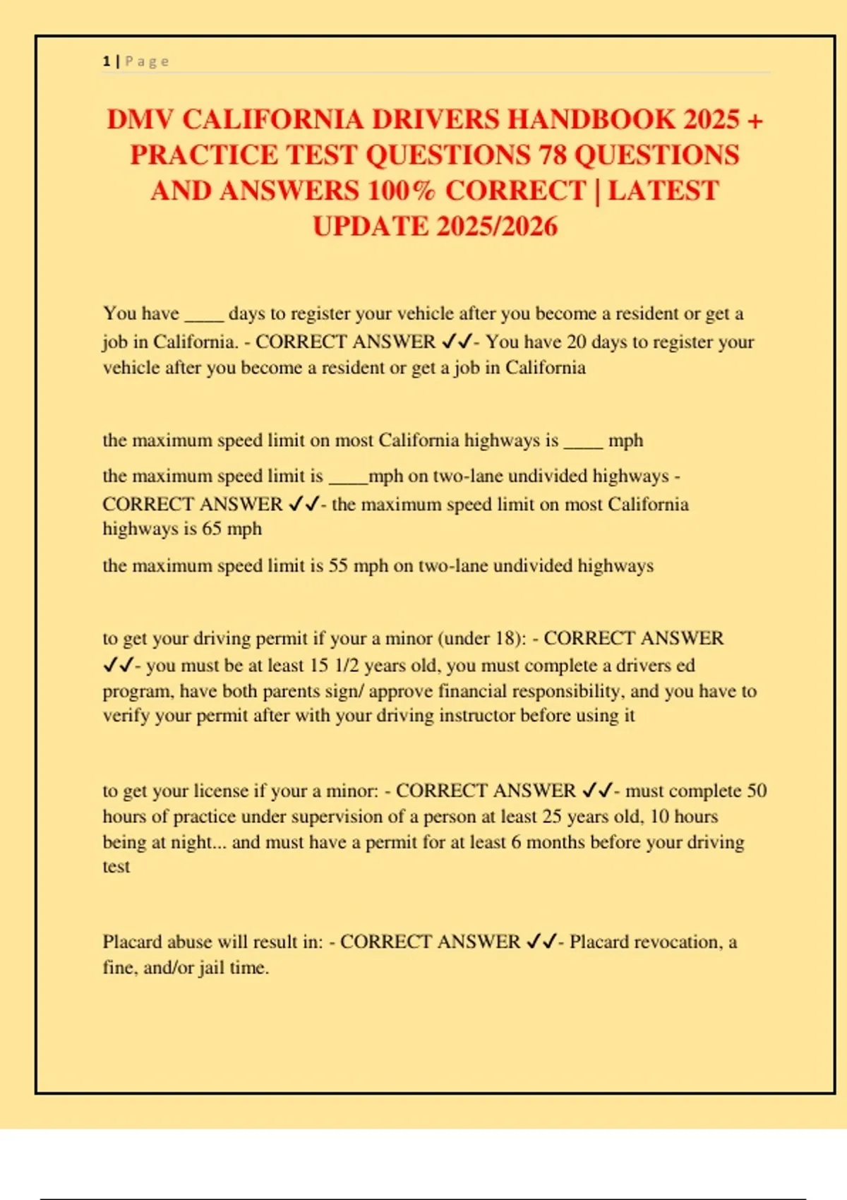 DMV California Drivers Handbook 2025 + Practice Test (78 Questions with ...