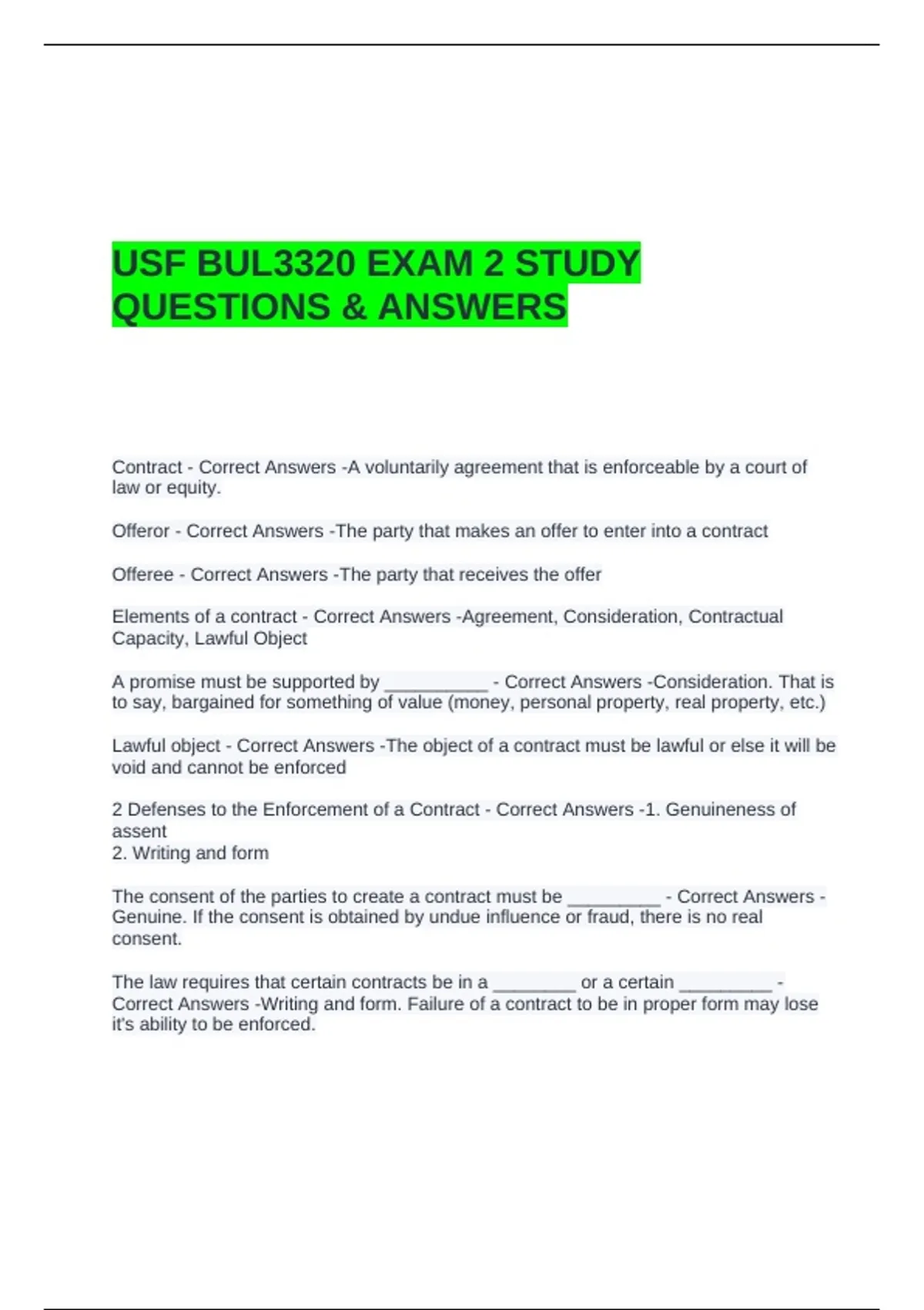 USF BUL3320 EXAM 2 STUDY QUESTIONS & ANSWERS - BUL 3320 - Stuvia US