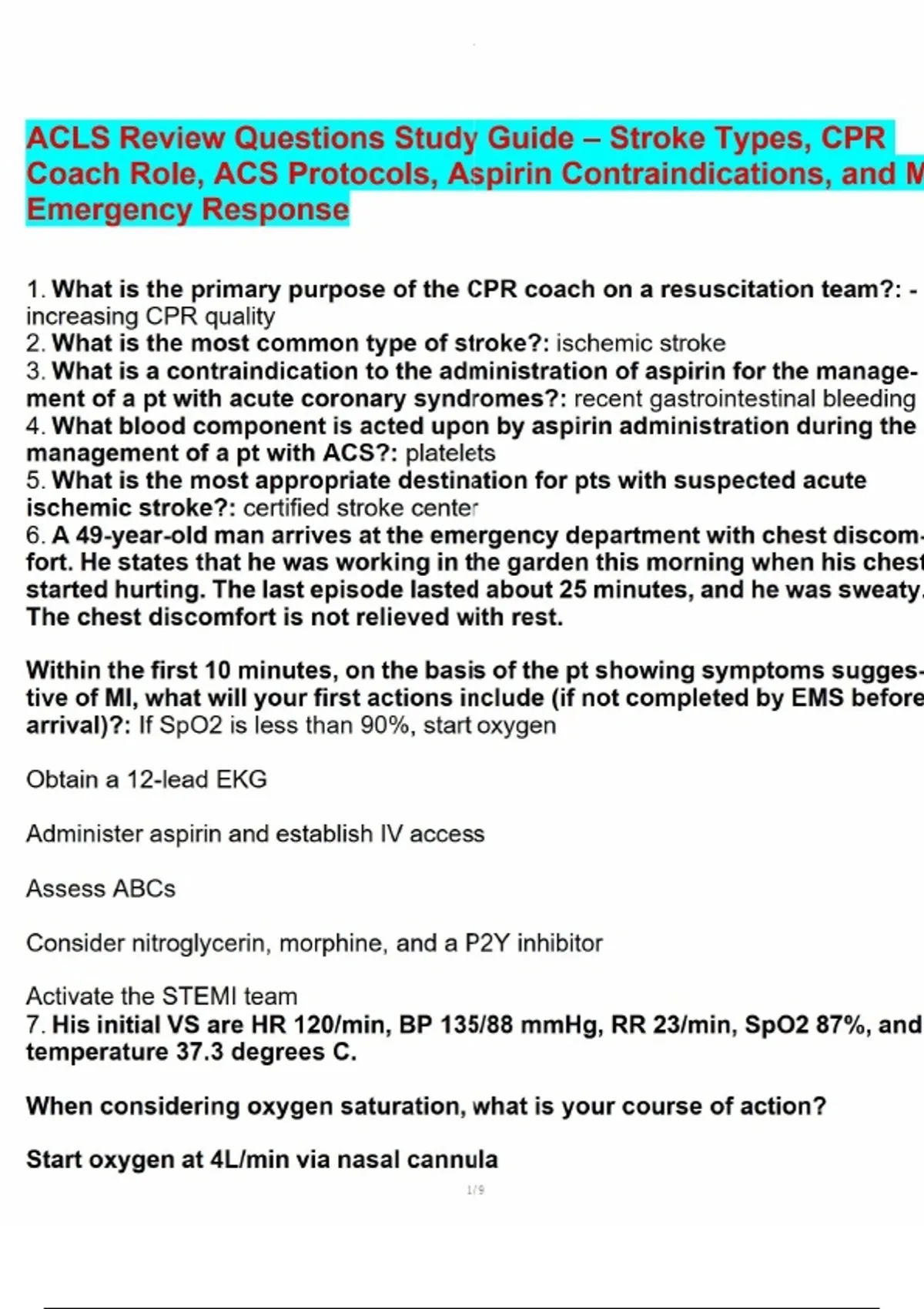 ACLS Review Questions Study Guide – Stroke Types, CPR Coach Role, ACS ...