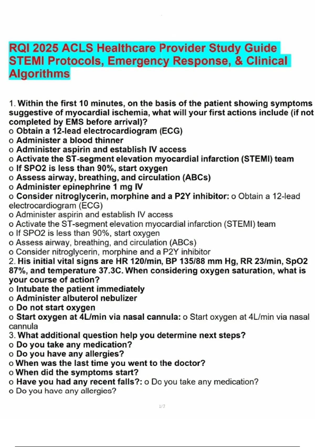RQI 2025 ACLS Healthcare Provider Study Guide STEMI Protocols ...