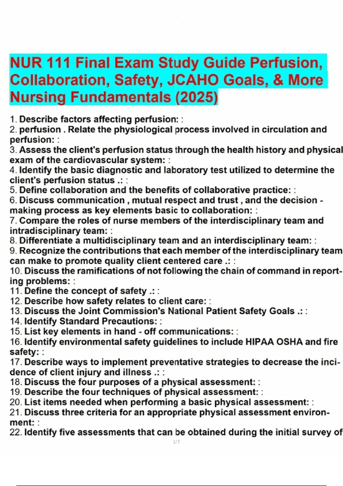 NUR 111 Final Exam Study Guide Perfusion, Collaboration, Safety, JCAHO ...