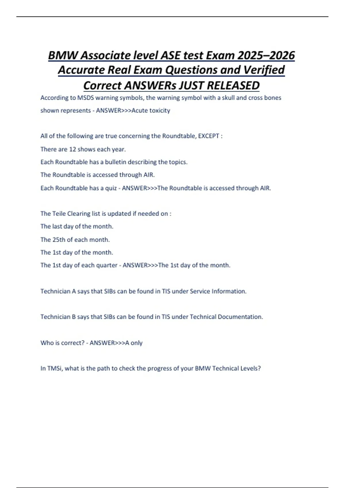 BMW Associate Level ASE Test Exam 2025–2026 – Accurate Real Exam ...