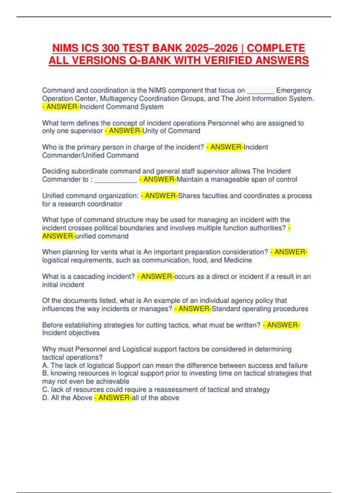 NIMS ICS 300 TEST BANK 2025–2026 | COMPLETE ALL VERSIONS Q-BANK WITH ...