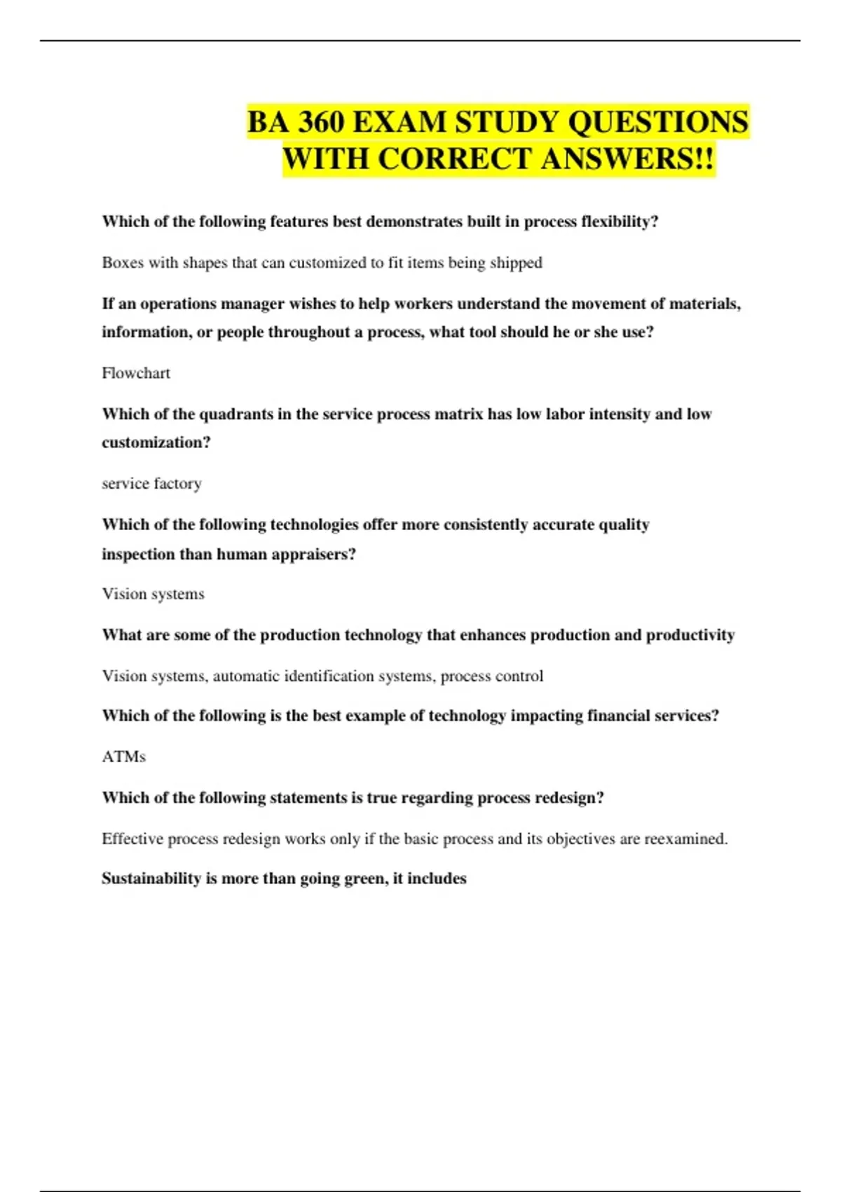BA 360 EXAM STUDY QUESTIONS WITH CORRECT ANSWERS!! - BA 36 - Stuvia US