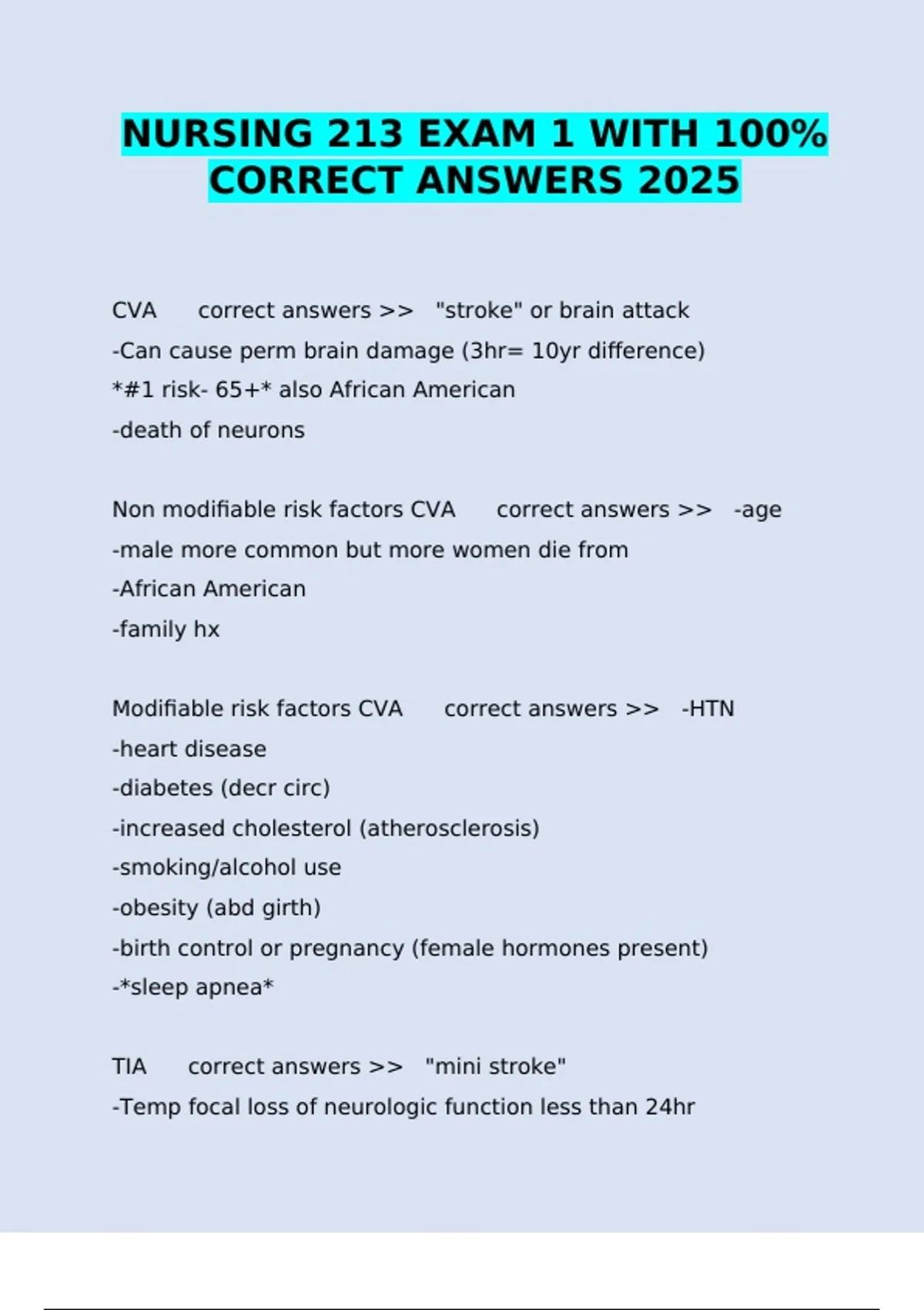 NURSING 213 EXAM 1 WITH 100% CORRECT ANSWERS 2025 - NURSING 213 EXA ...