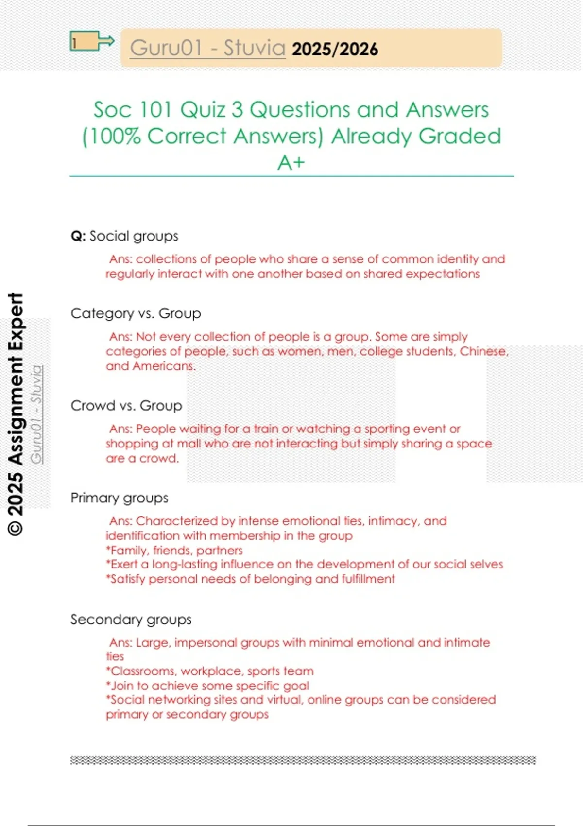 Soc 101 Quiz 3 Questions and Answers (100% Correct Answers) Already ...