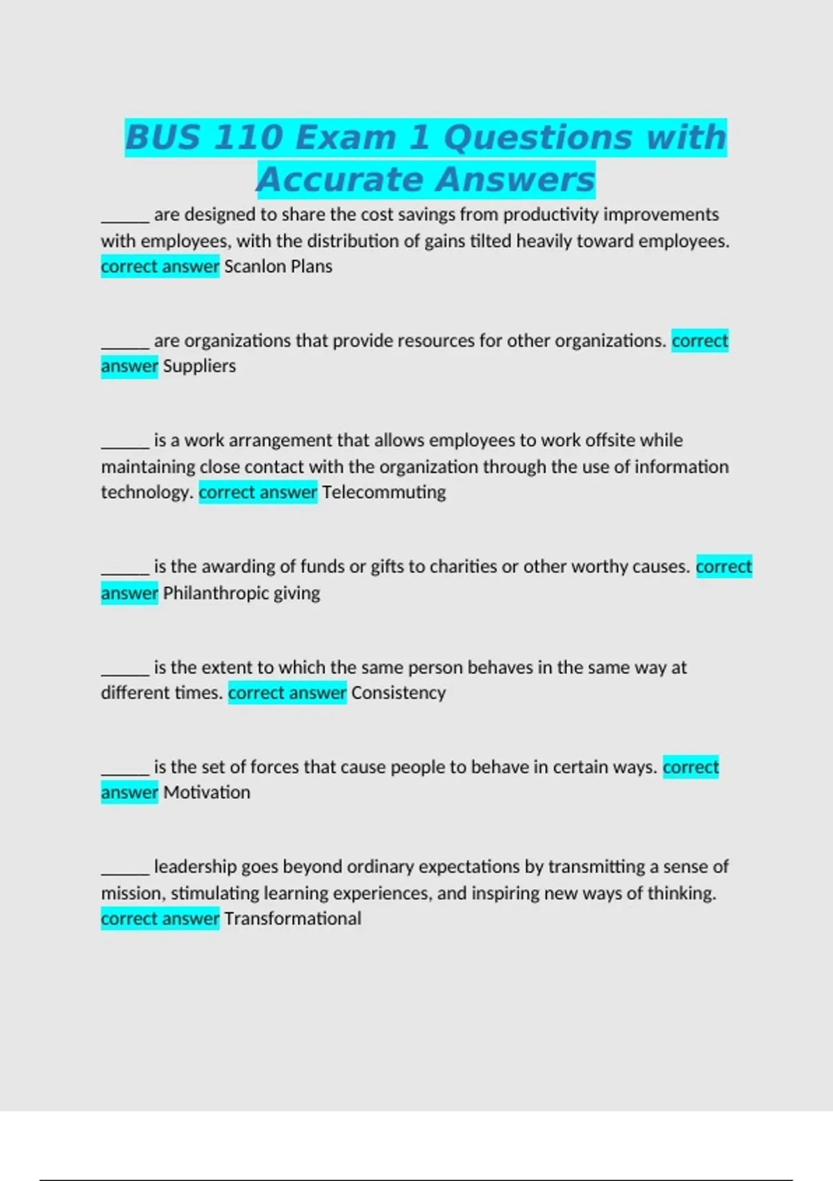 BUS 110 Exam 1 Questions with Accurate Answers - Bus - Stuvia US
