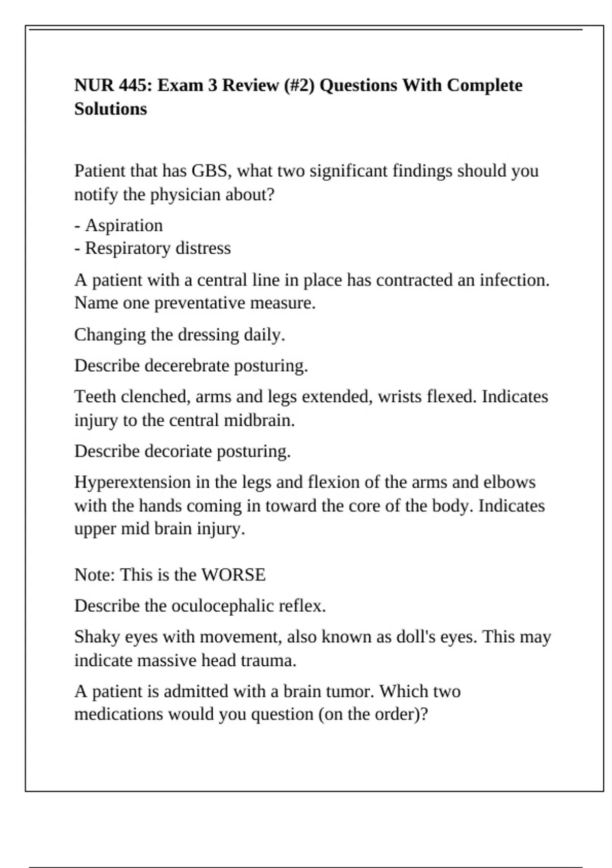 NUR 445: Exam 3 Review (#2) Questions With Complete Solutions - NUR 445 ...