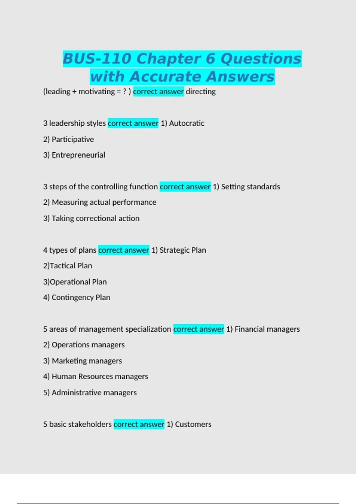 BUS-110 Chapter 6 Questions with Accurate Answers - Bus - Stuvia US