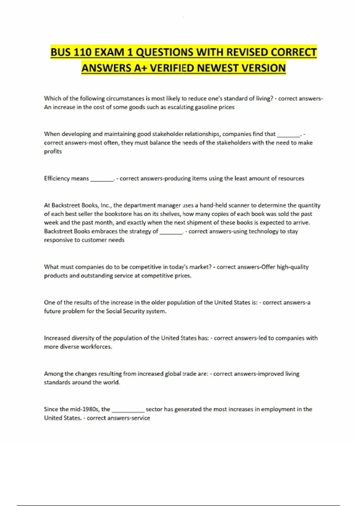 BUS 110 EXAM 1 QUESTIONS WITH REVISED CORRECT ANSWERS A+ VERIFIED ...
