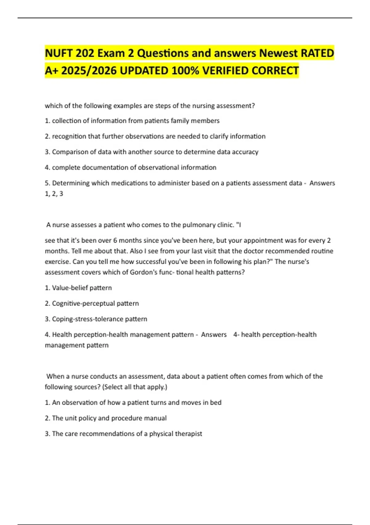 NUFT 202 Exam 2 Questions and answers Newest RATED A+ 2025/2026 UPDATED ...