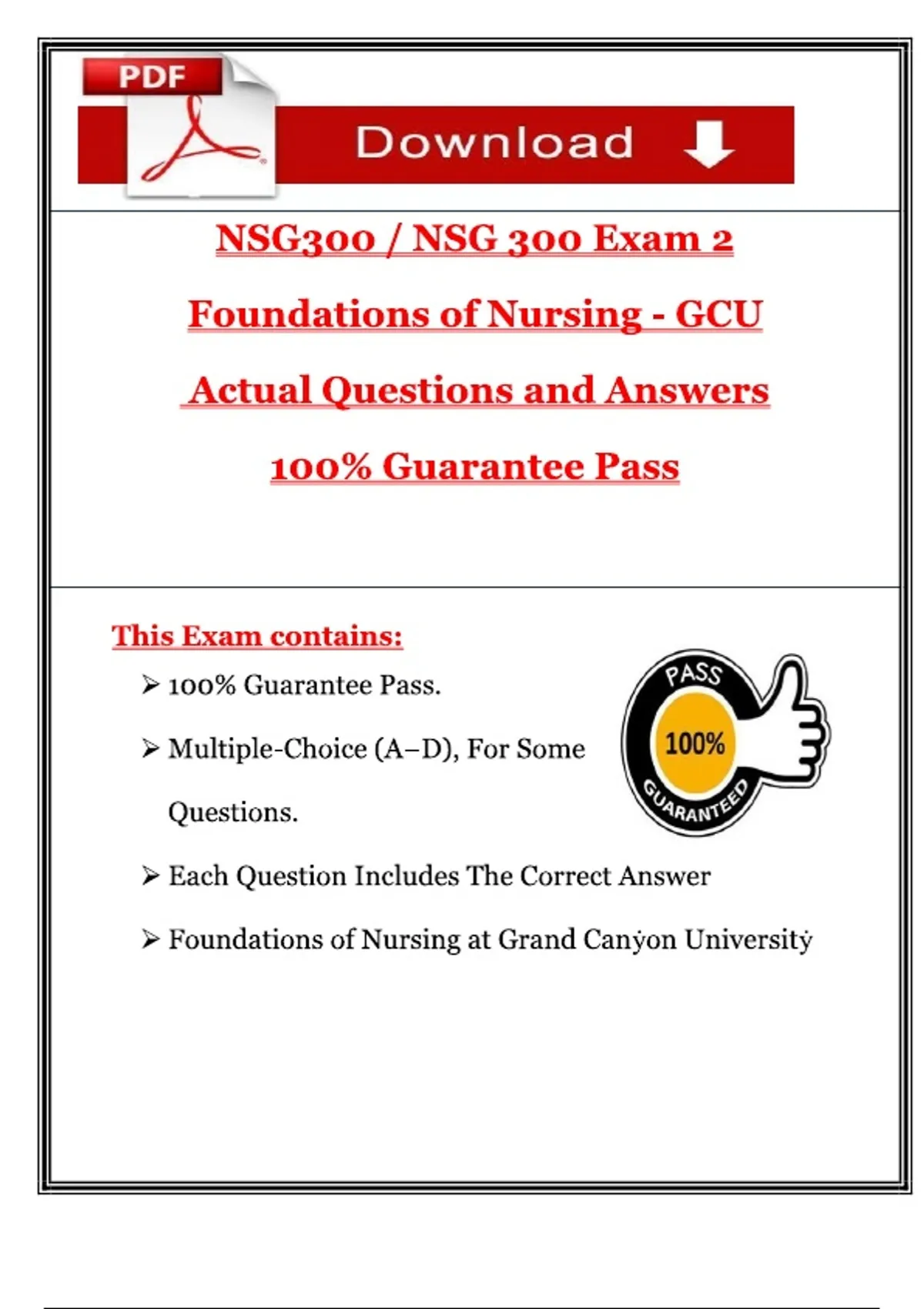 Foundations of Nursing – NSG 300 – Exam 2 – Grand Canyon University ...