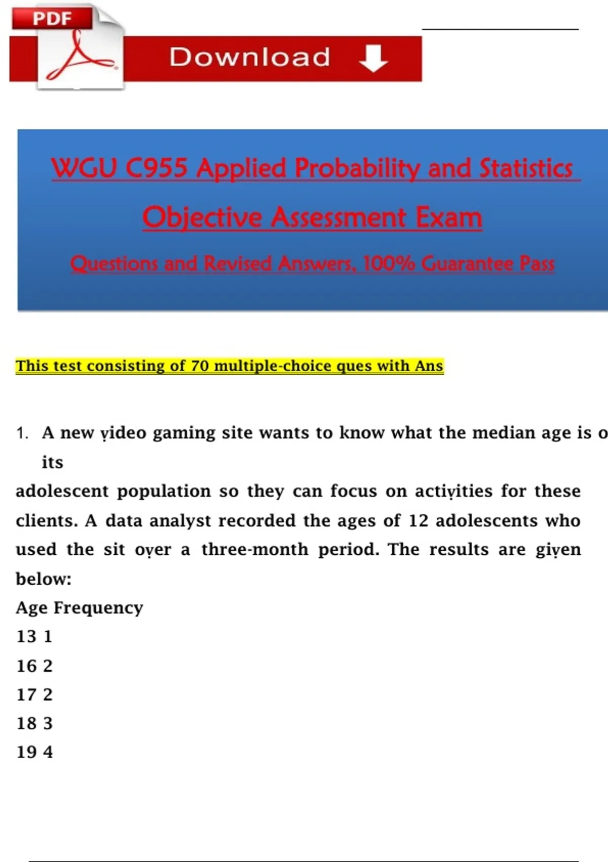 WGU C955 Applied Probability and Statistics Objective Assessment Exam ...