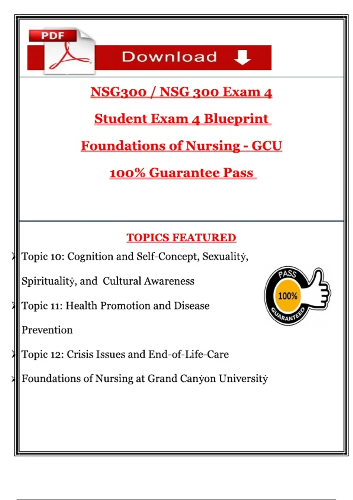 Foundations of Nursing – NSG 300 – Exam 4 Blueprint – Grand Canyon ...