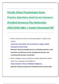 Florida School Psychologist Exam  Practice Questions And Correct Answers  &lpar;Verified Answers&rpar; Plus Rationales  2025&vert;2026 Q&A &vert; Instant Download Pdf 