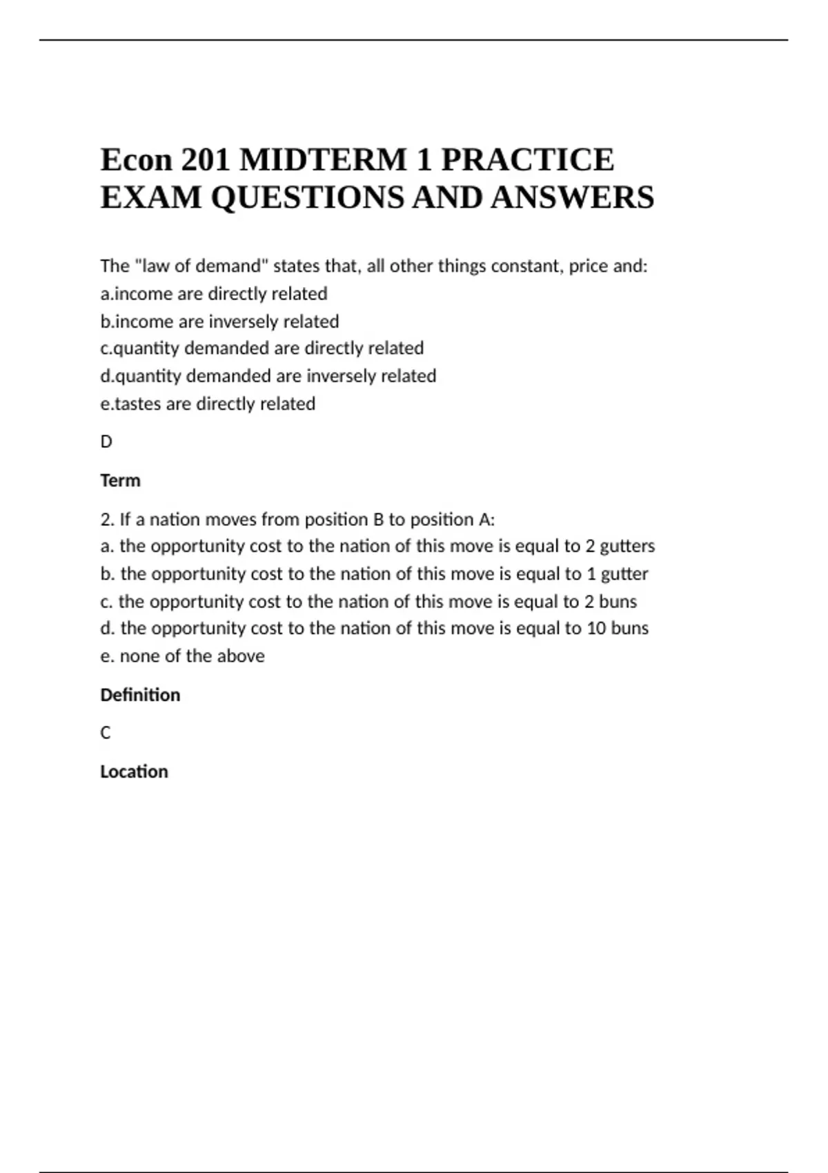 Econ 201 MIDTERM 1 PRACTICE EXAM QUESTIONS AND ANSWERS - ECON 201 ...