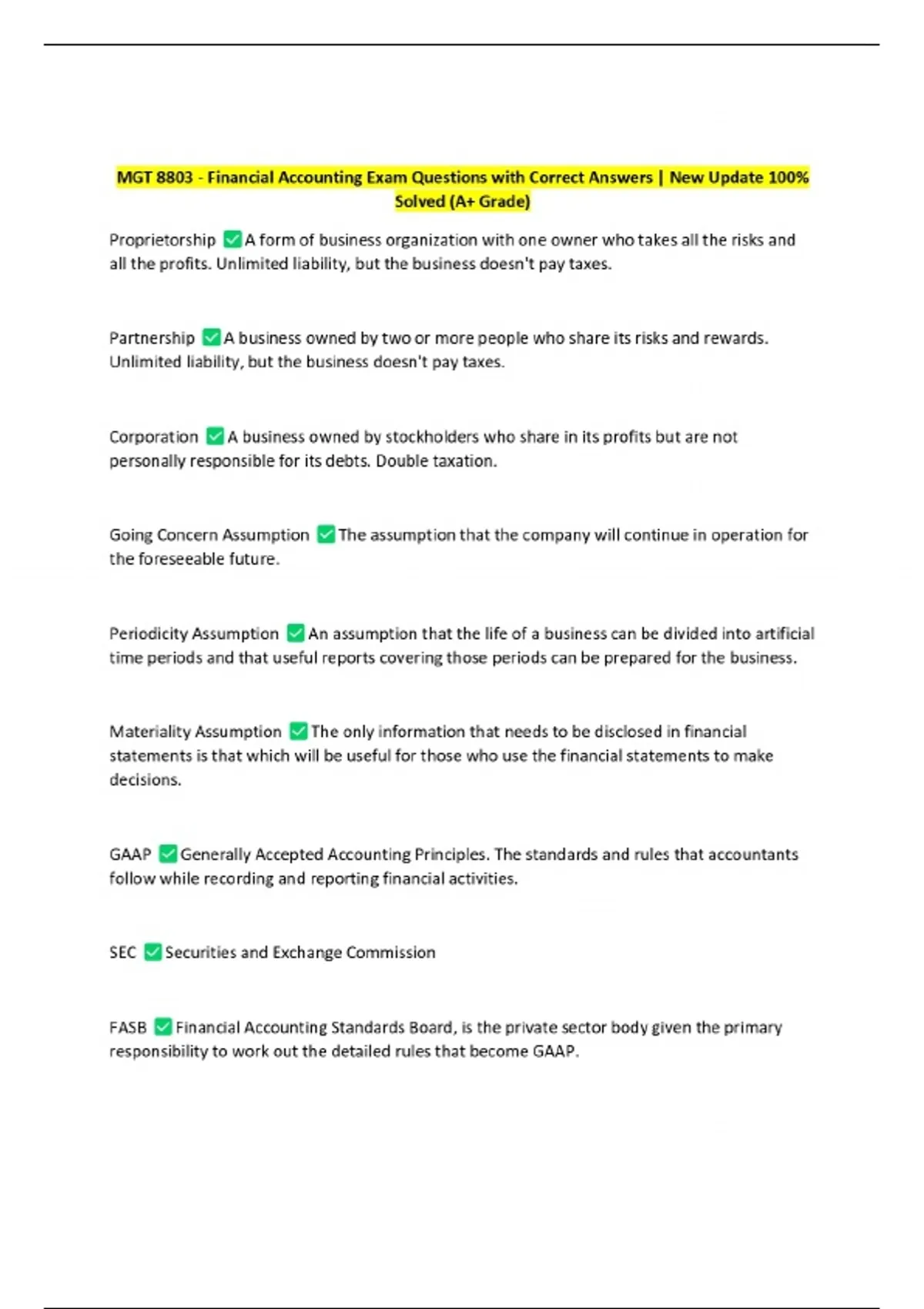MGT 8803 - Financial Accounting Exam Questions with Correct Answers ...