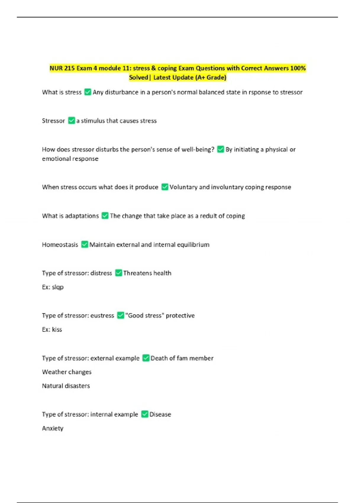 NUR 215 Exam 4 module 11: stress & coping Exam Questions with Correct ...