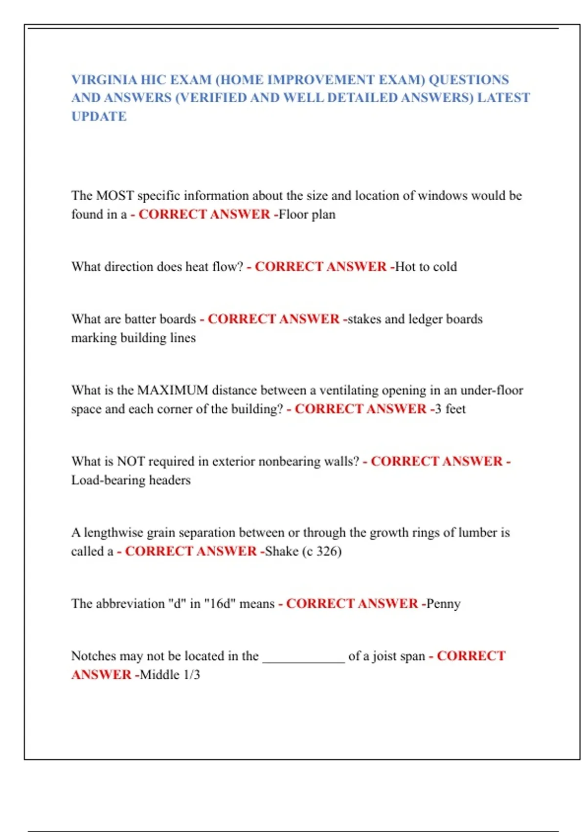 VIRGINIA HIC EXAM (HOME IMPROVEMENT CONTRACTOR) QUESTIONS AND VERIFIED ...