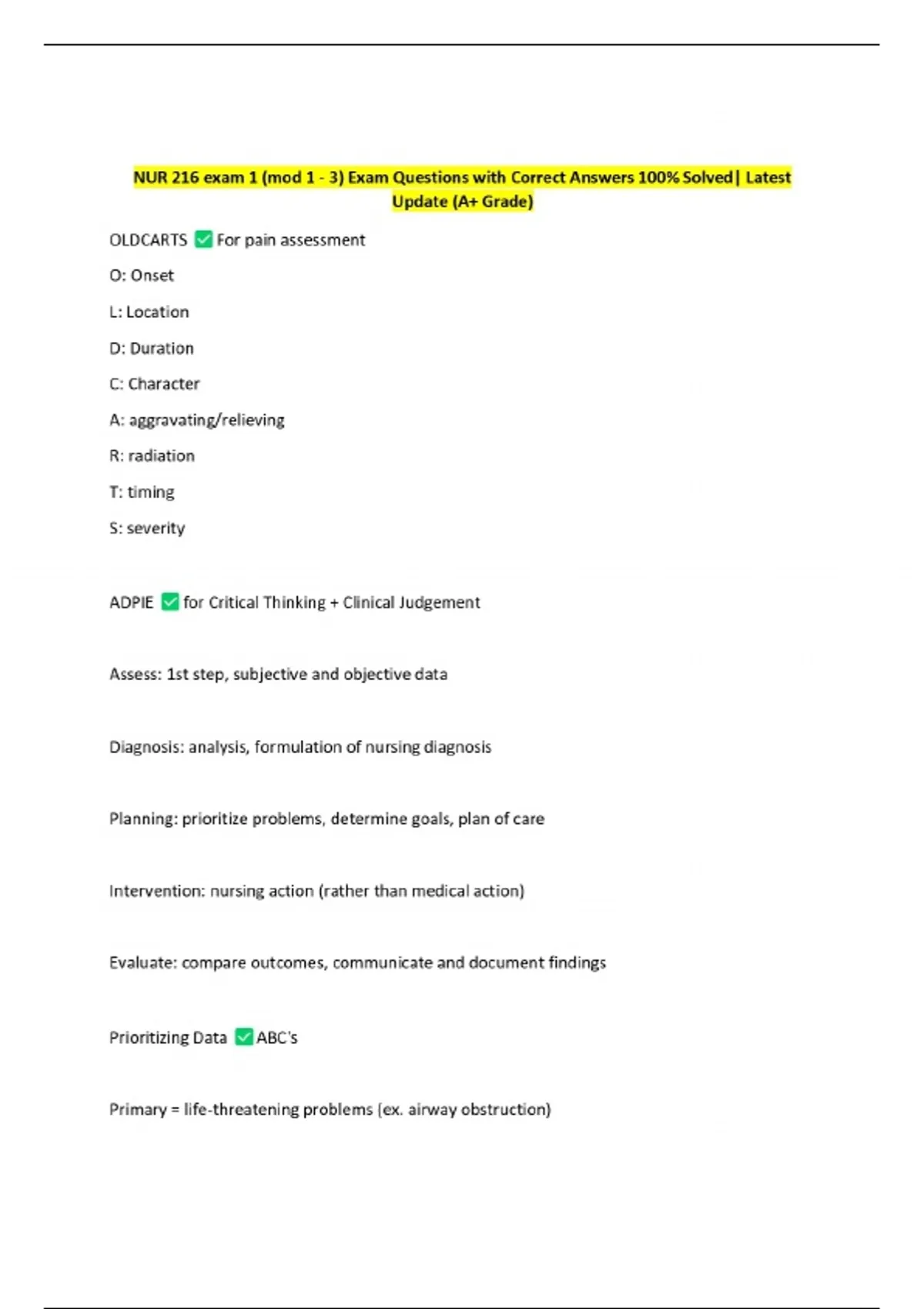 NUR 216 exam 1 (mod 1 - 3) Exam Questions with Correct Answers 100% ...