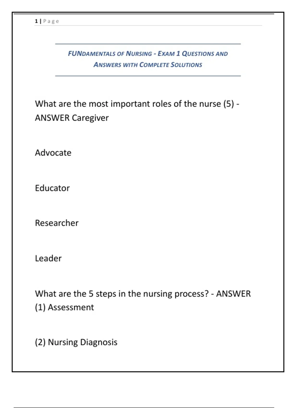 FUNDAMENTALS OF NURSING - EXAM 1 QUESTIONS AND ANSWERS WITH COMPLETE ...