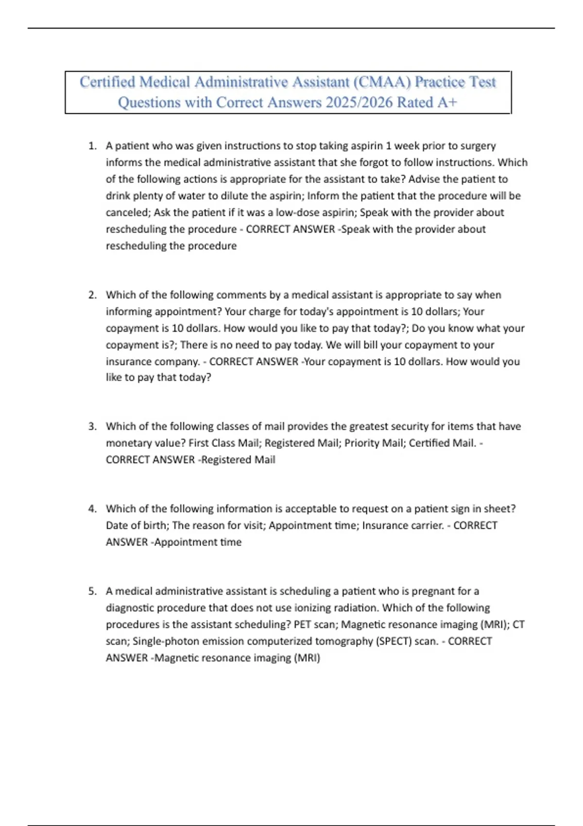 Certified Medical Administrative Assistant (CMAA) Practice Test Questions with Correct Answers ...