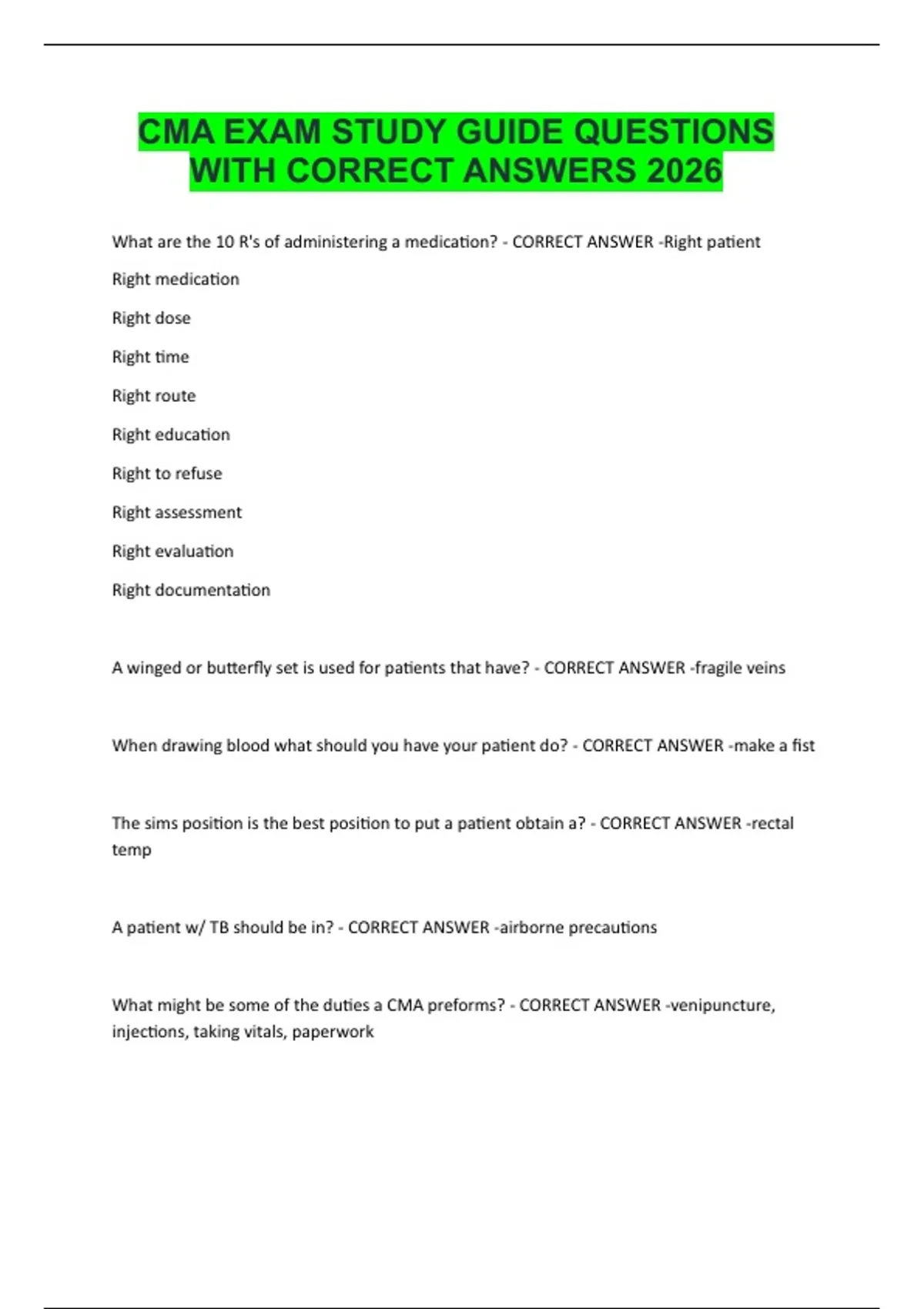 CMA EXAM STUDY GUIDE QUESTIONS WITH CORRECT ANSWERS 2026 - CMA - Stuvia US