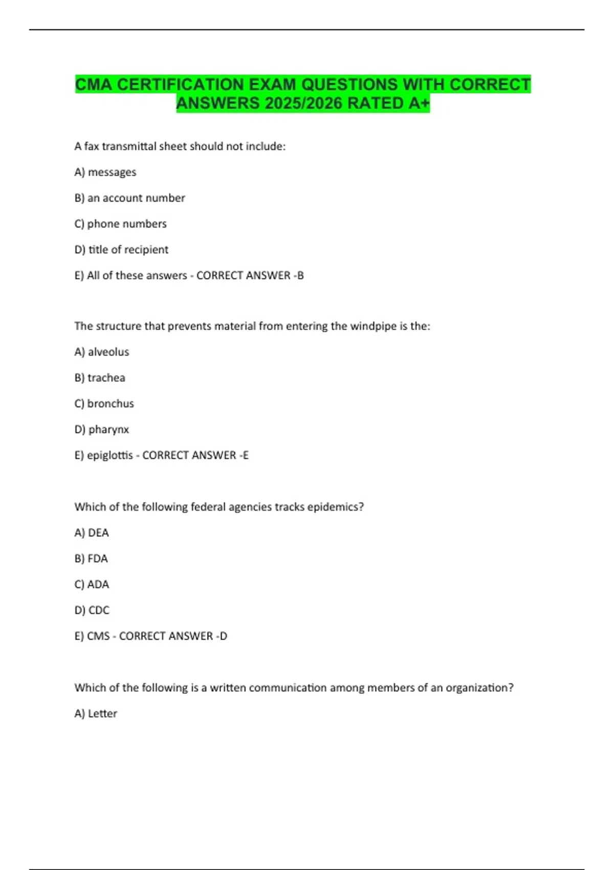 CMA CERTIFICATION EXAM QUESTIONS WITH CORRECT ANSWERS 2025/2026 RATED ...