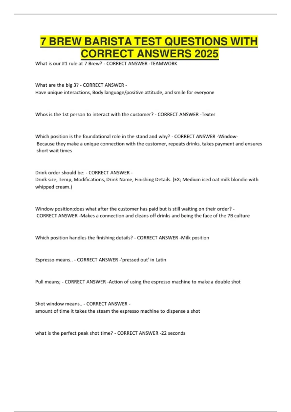 Brew Barista Test Questions with Correct Answers – 2025 - 7 BREW ...