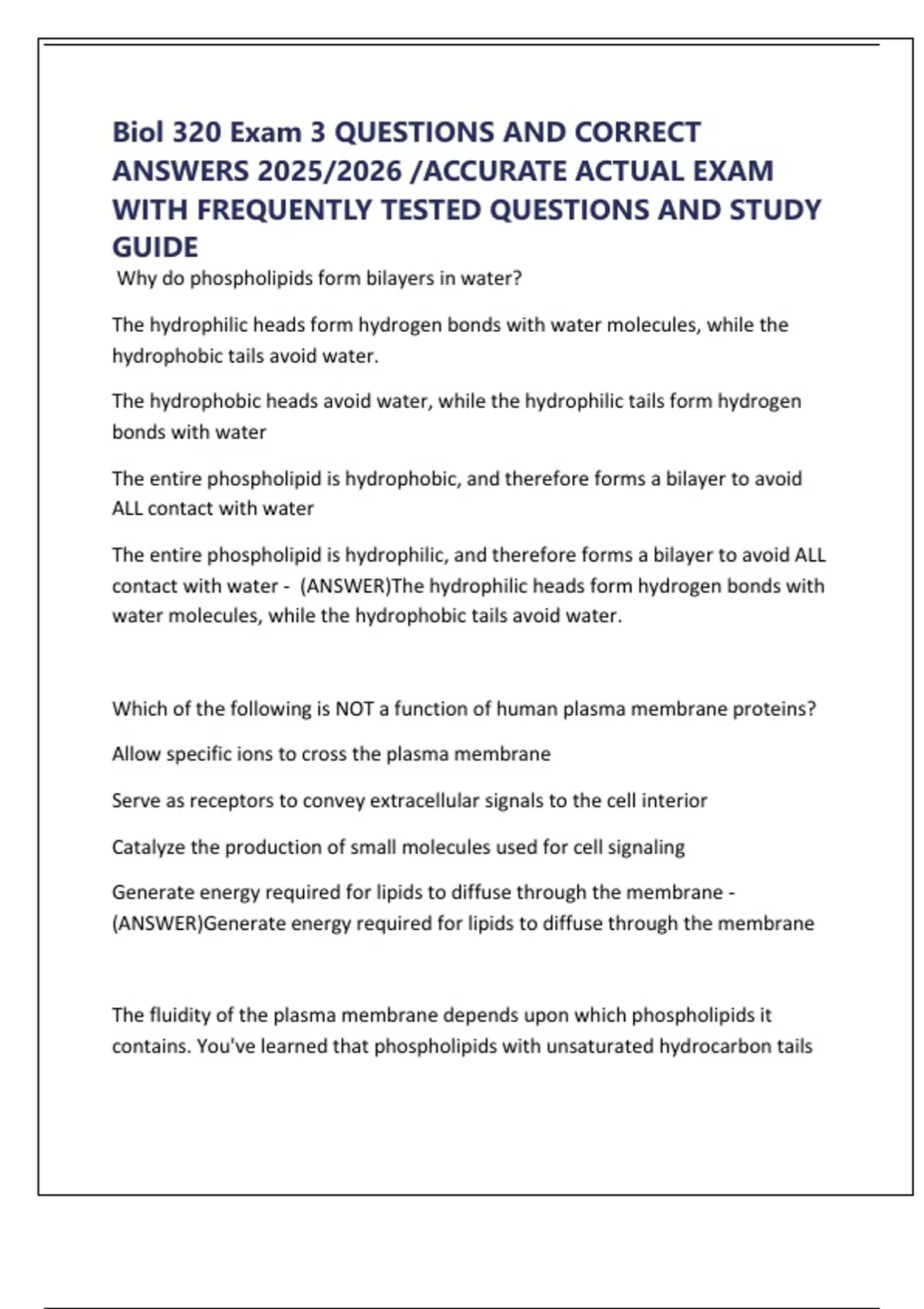Biol 320 Exam 3 QUESTIONS AND CORRECT ANSWERS 2025/2026 /ACCURATE ...