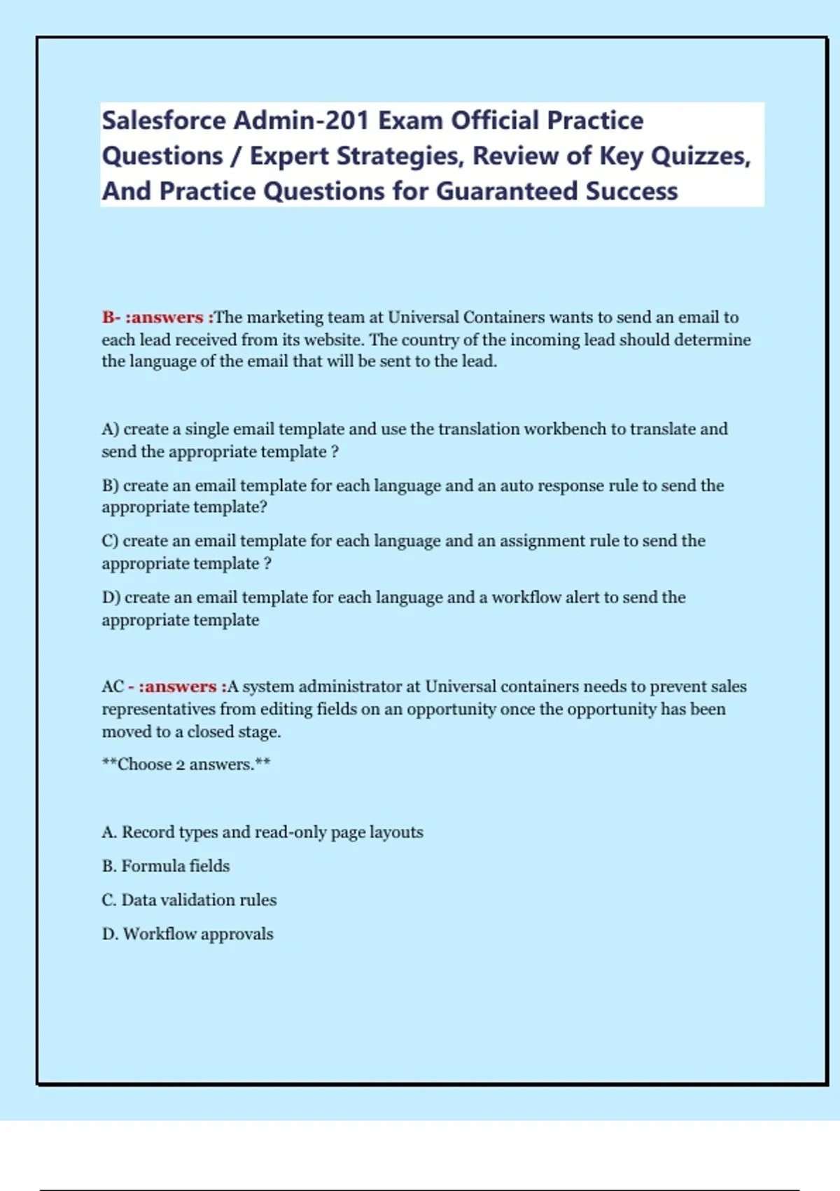 Salesforce Admin-201 Exam Official Practice Questions / Expert ...