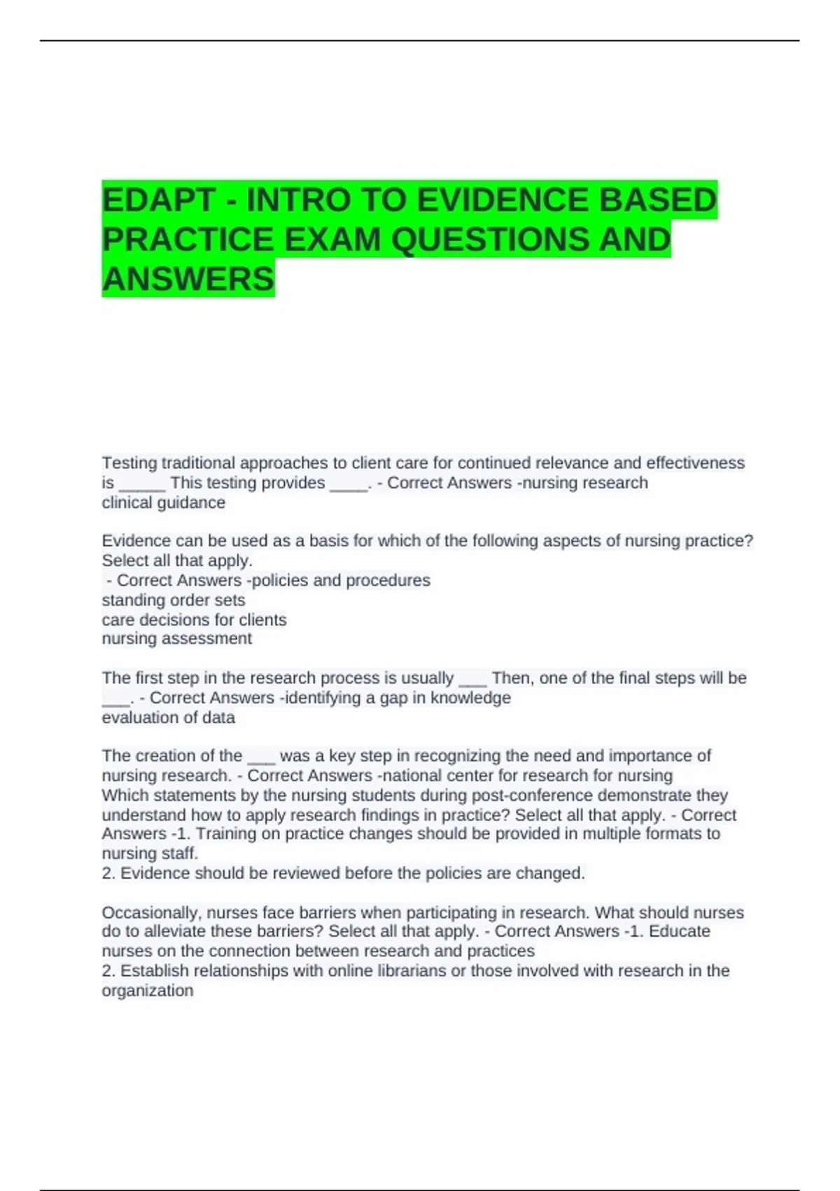 EDAPT - INTRO TO EVIDENCE BASED PRACTICE EXAM QUESTIONS AND ANSWERS ...