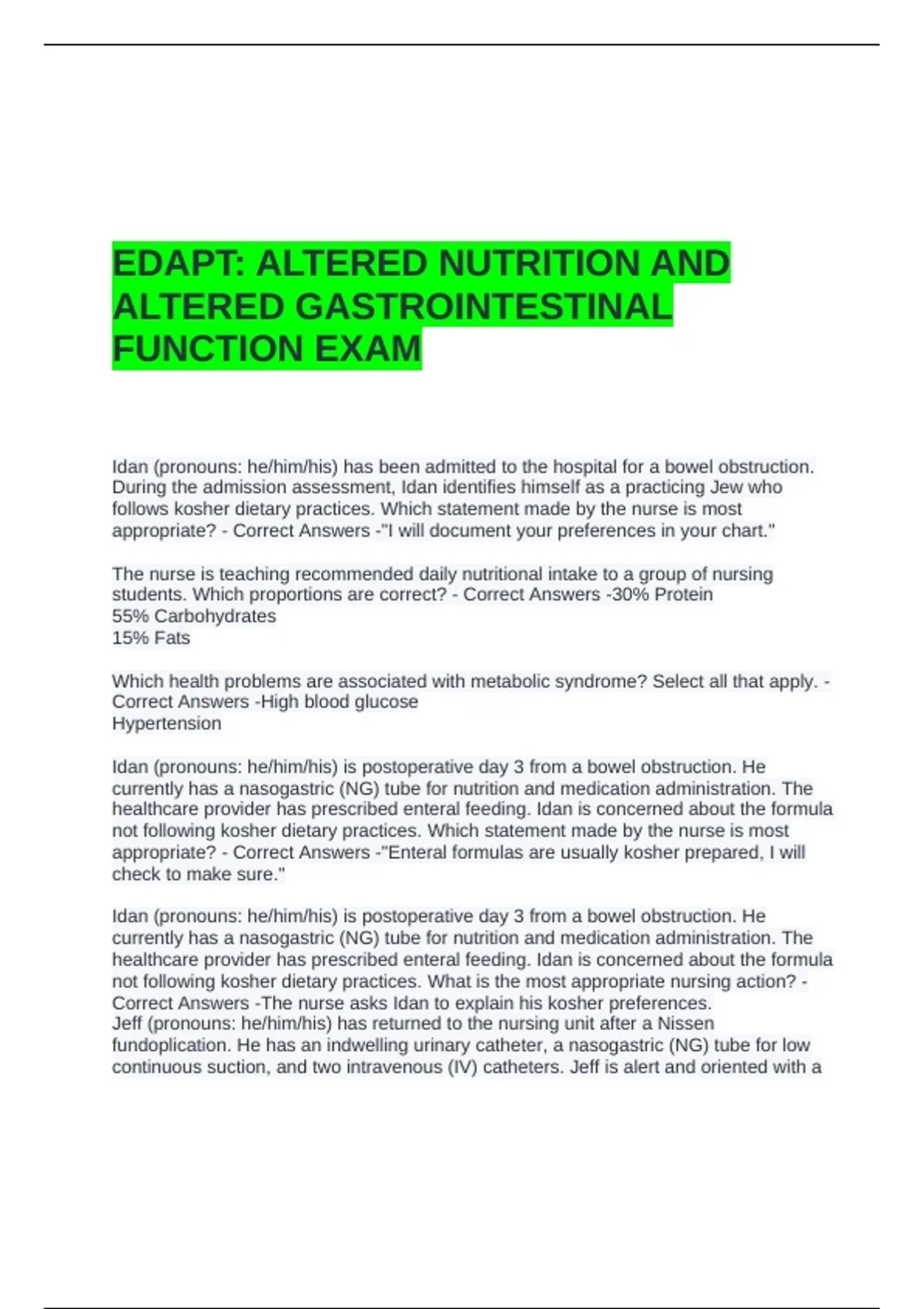 EDAPT ALTERED NUTRITION AND ALTERED GASTROINTESTINAL FUNCTION EXAM ...