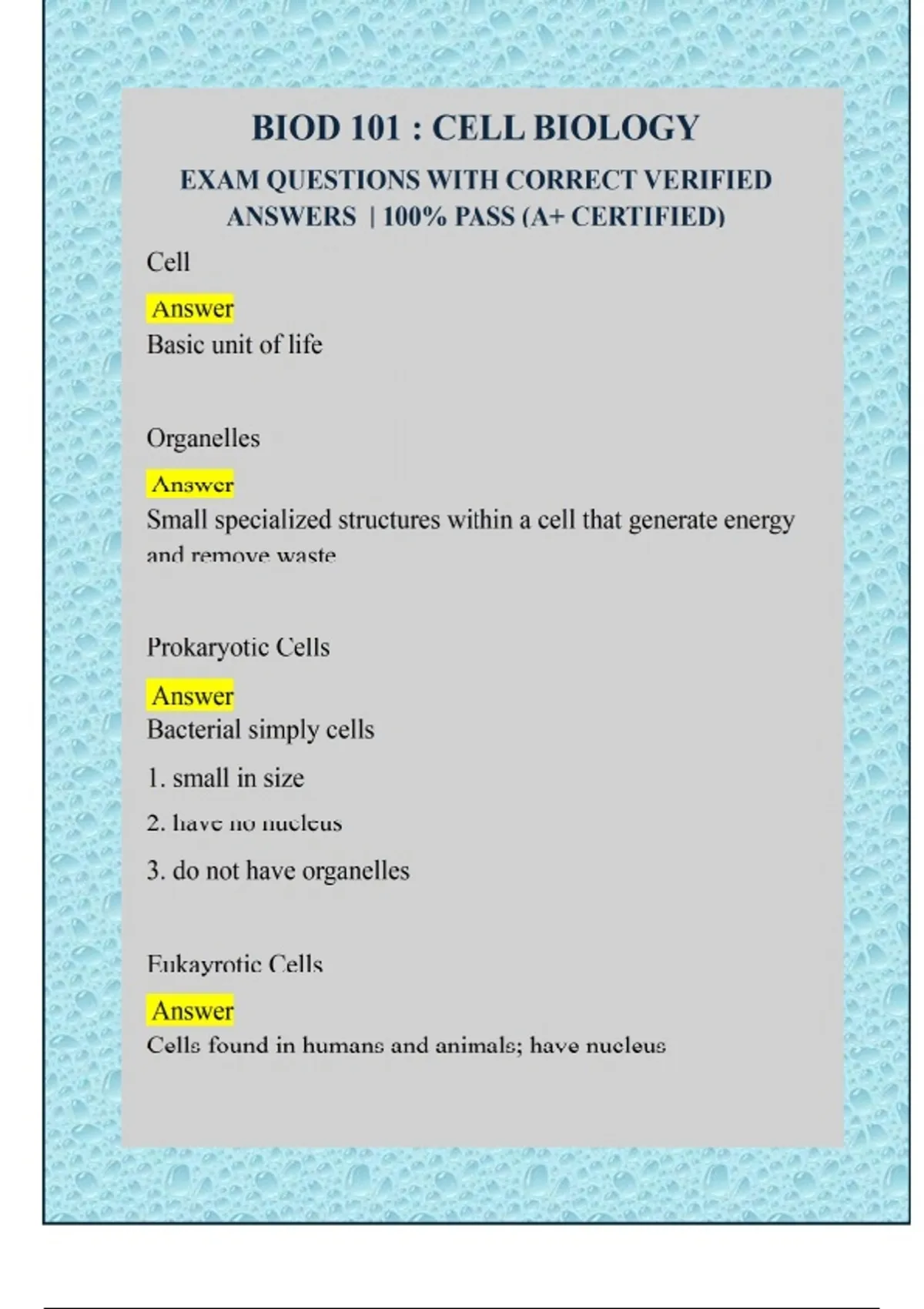BIOD 101 : CELL BIOLOGY EXAM QUESTIONS WITH CORRECT VERIFIED ANSWERS ...